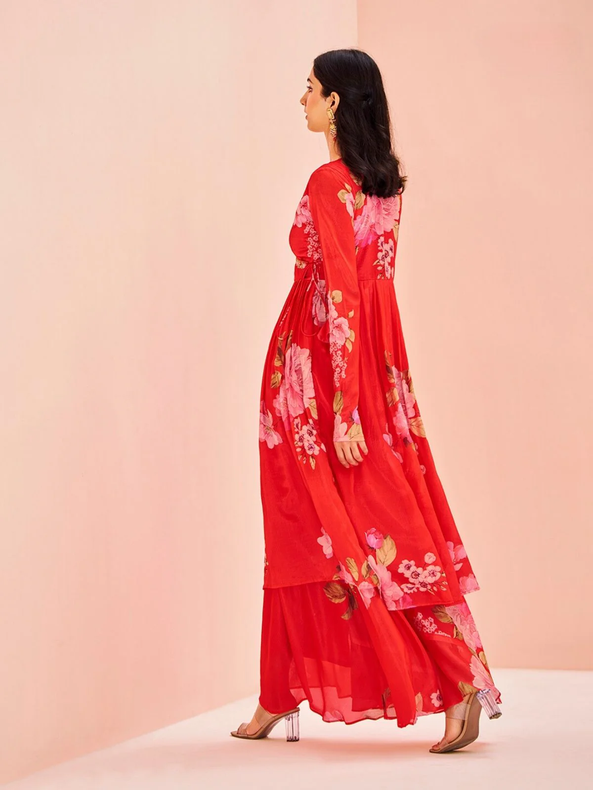 Odette Red Chinon Printed Stitched Kurta Set For Women - Image 5