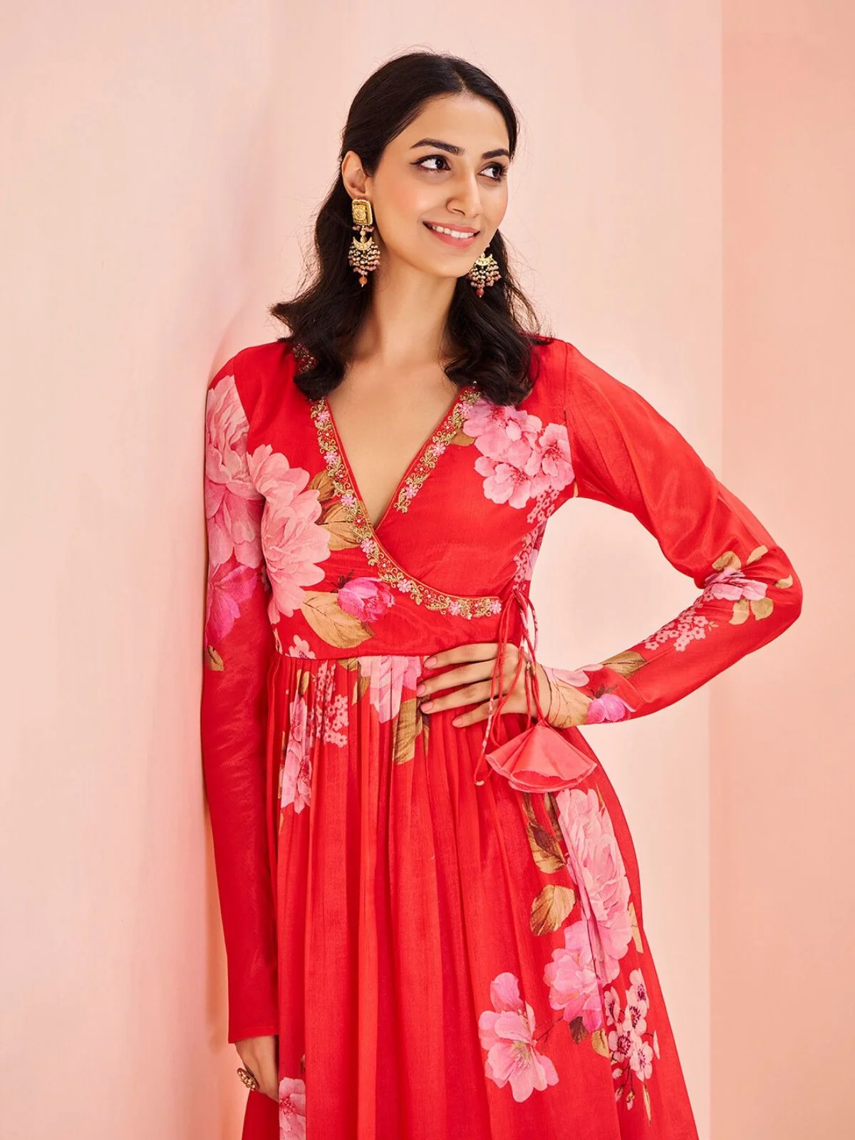 Odette Red Chinon Printed Stitched Kurta Set For Women - Image 6