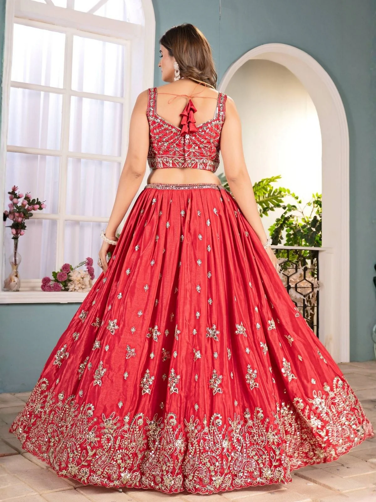 Odette Red Chinon Sequence Embroidered Semi-Stitched Lehenga For Women - Image 2