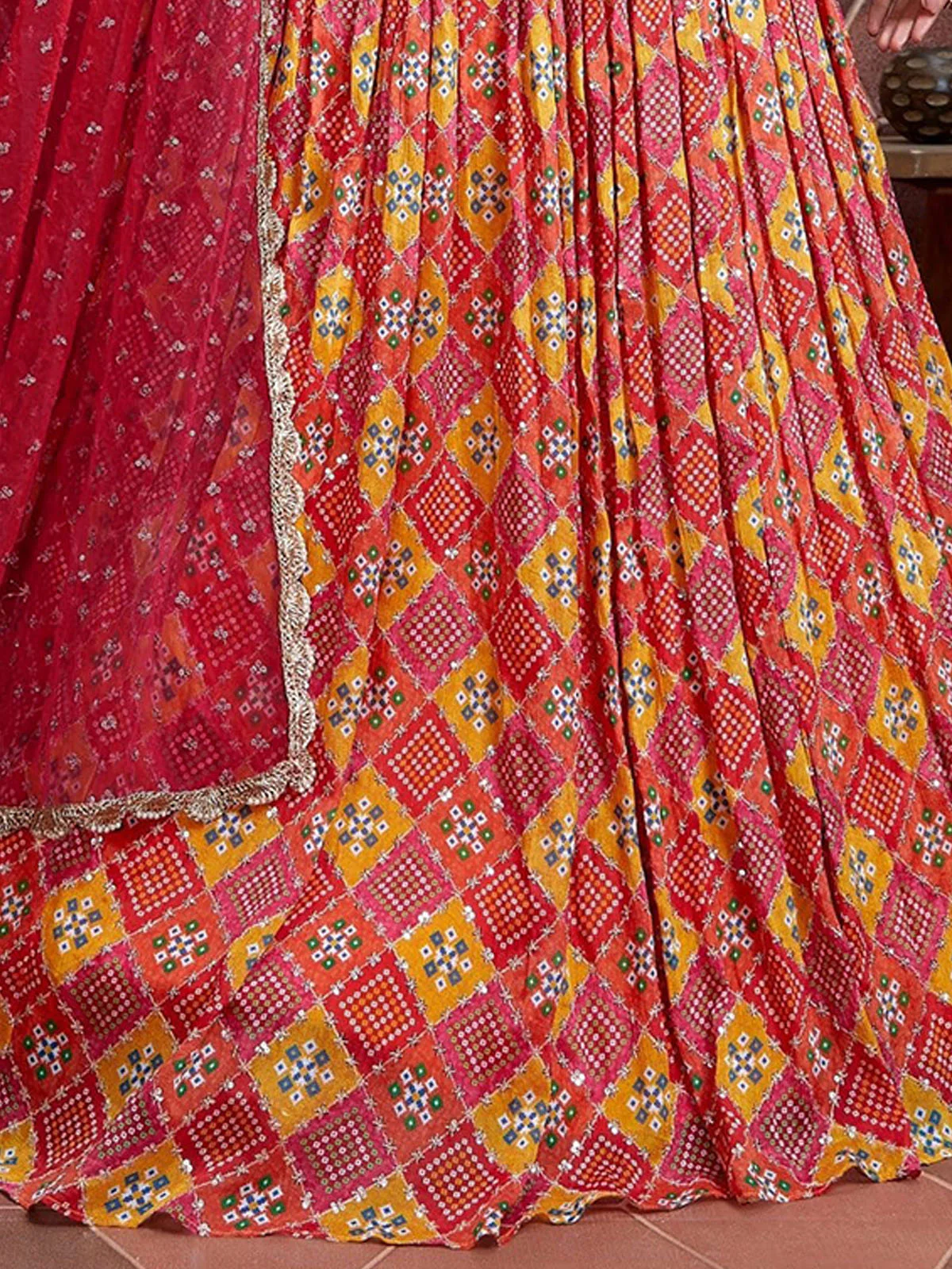 Odette Red Chinon Silk Embellished Semi Stitched Lehenga With Unstitched Blouse For Women - Image 3
