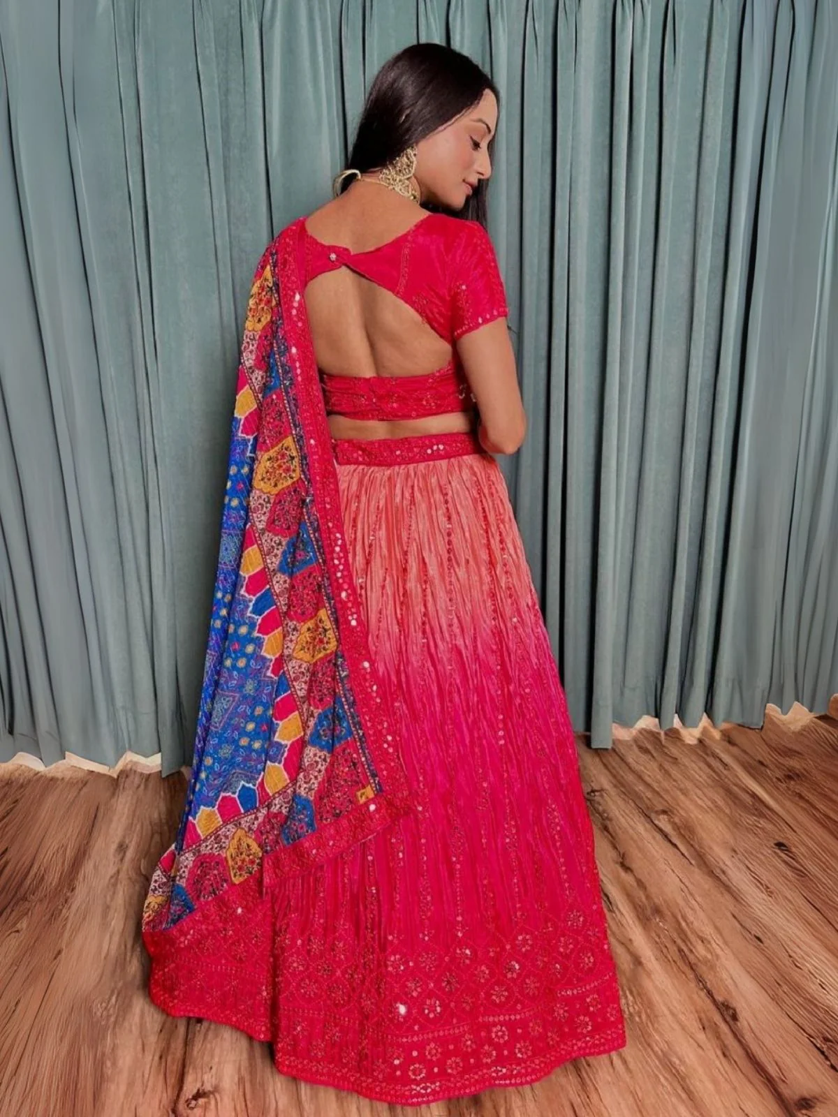 Odette Red Chinon Silk Embroidered Semi-Stitched Lehenga For Women - Image 2