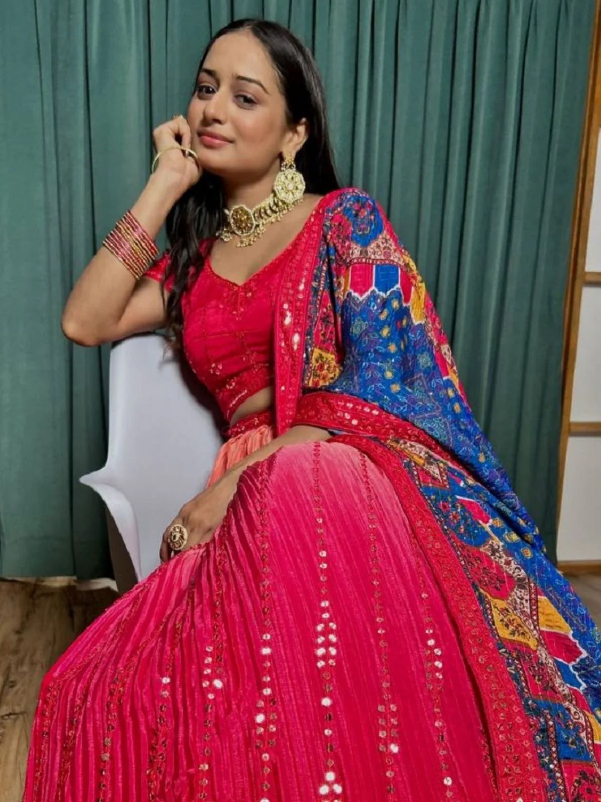 Odette Red Chinon Silk Embroidered Semi-Stitched Lehenga For Women - Image 6