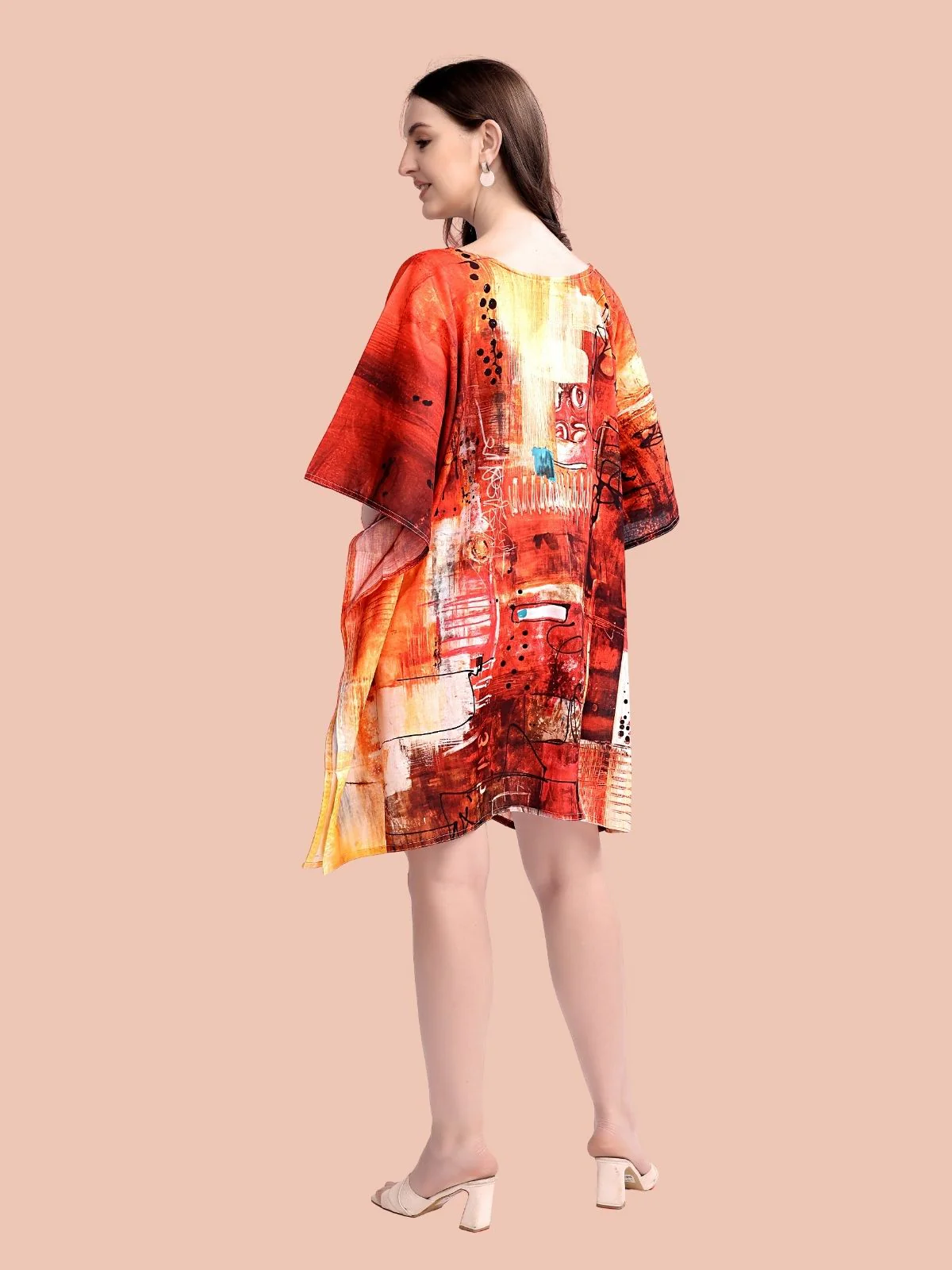 Odette Red Cotton Blend Printed Kaftan For Women - Image 3