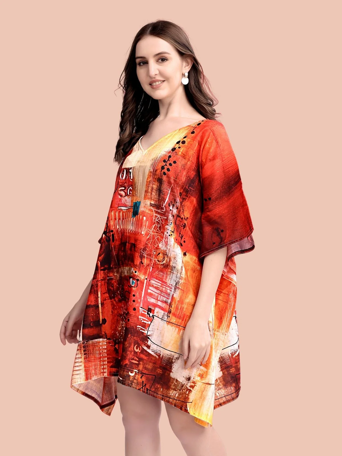 Odette Red Cotton Blend Printed Kaftan For Women - Image 4