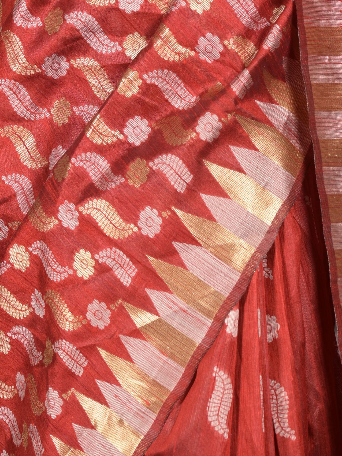 Odette Red Cotton Blend Woven Saree with Unstitched Blouse for Women - Image 5
