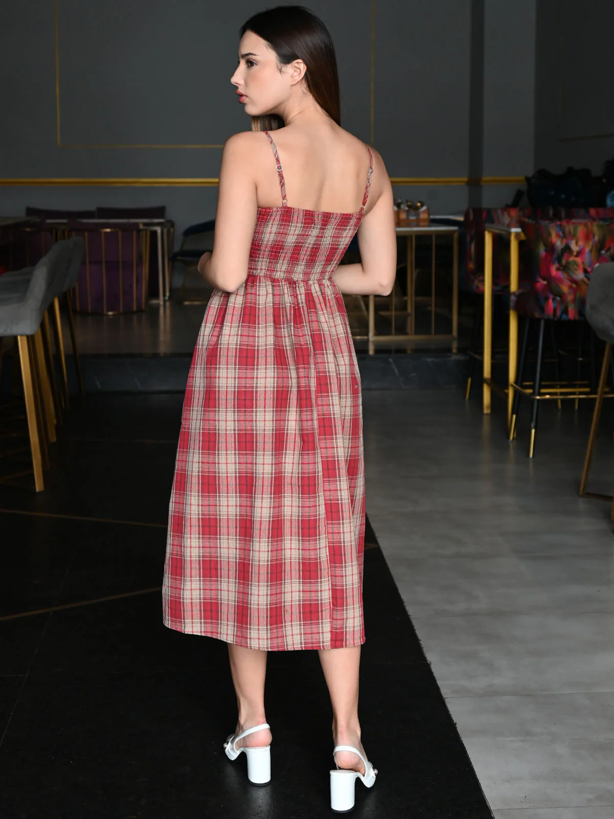 Odette Red Cotton Checked Dress For Women - Image 3