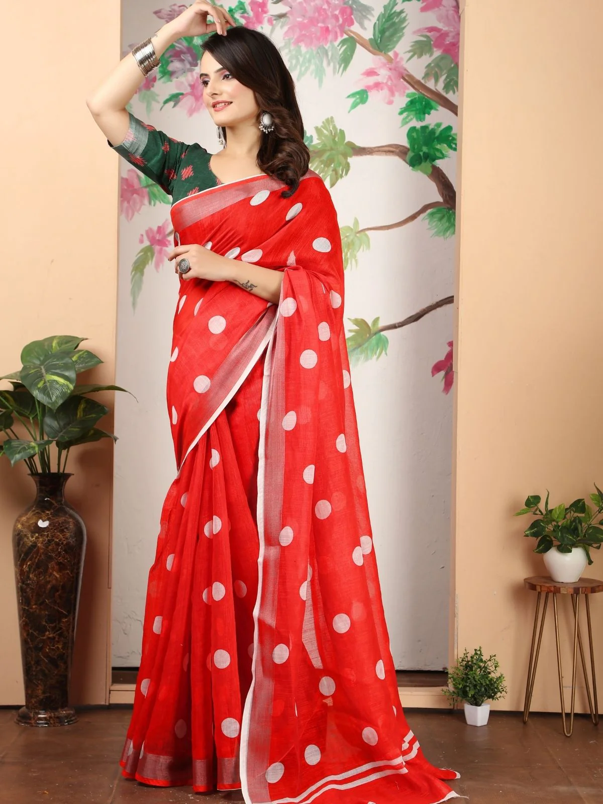 Odette Red Cotton Linen Woven Printed Saree For Women - Image 2