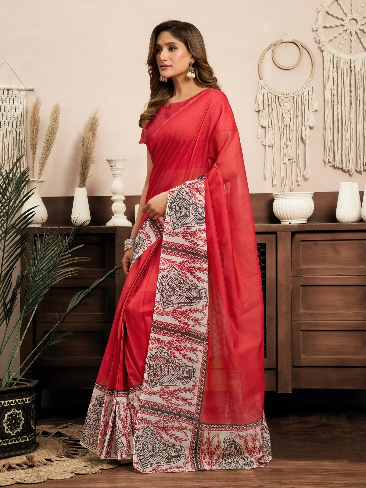 Odette Red Cotton Linen Zari Work Saree For Women - Image 2