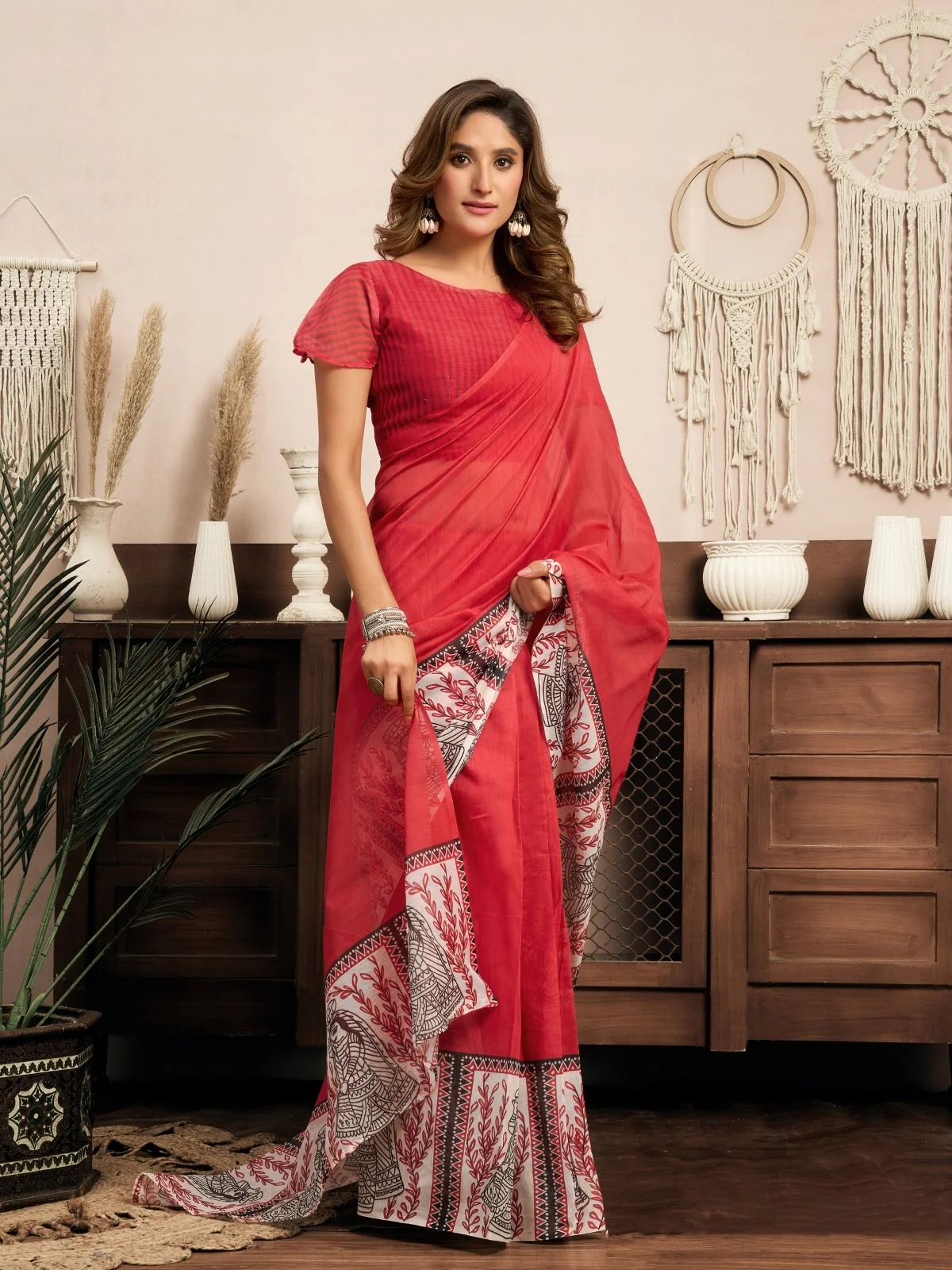 Odette Red Cotton Linen Zari Work Saree For Women - Image 3