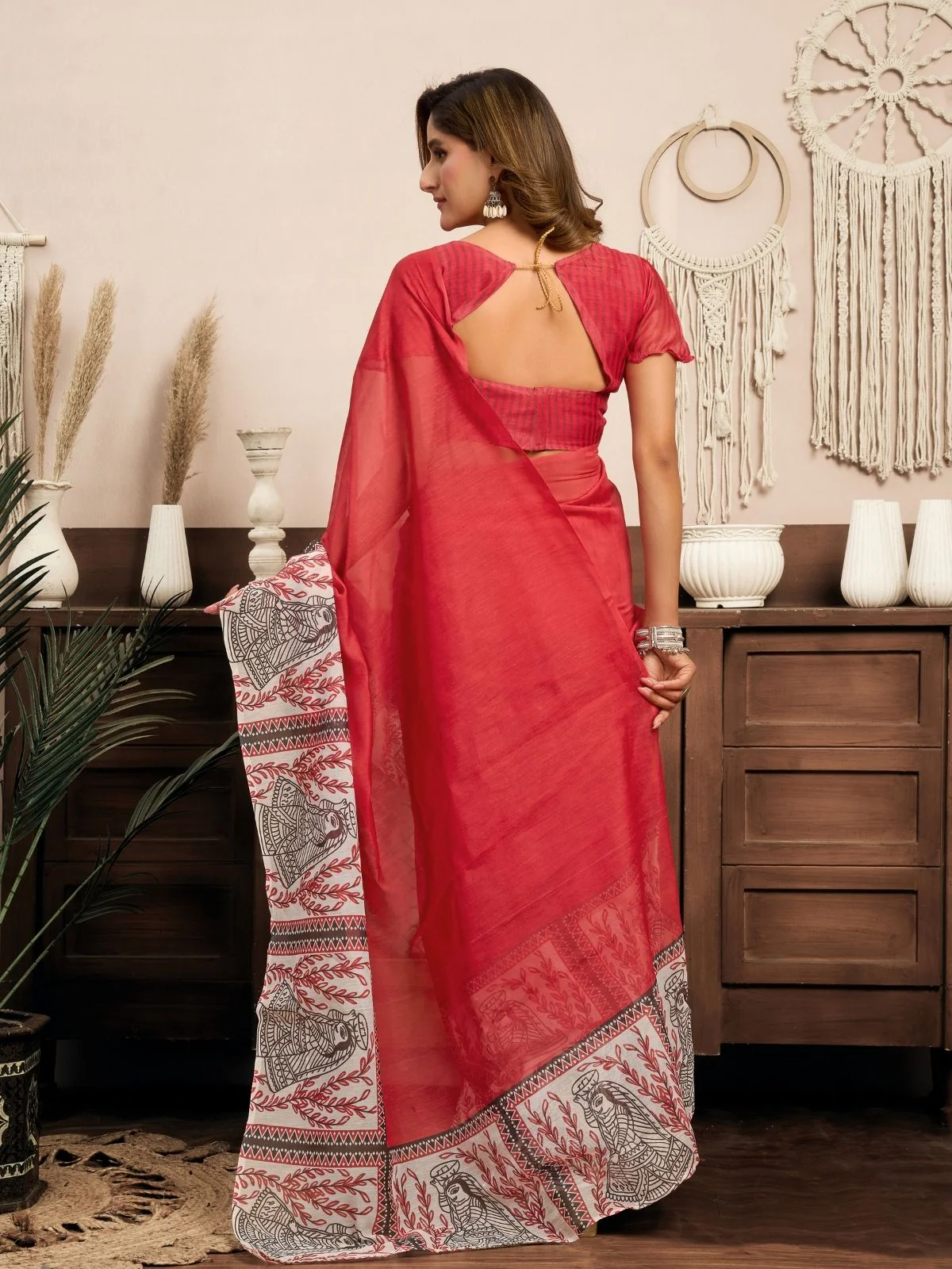 Odette Red Cotton Linen Zari Work Saree For Women - Image 4