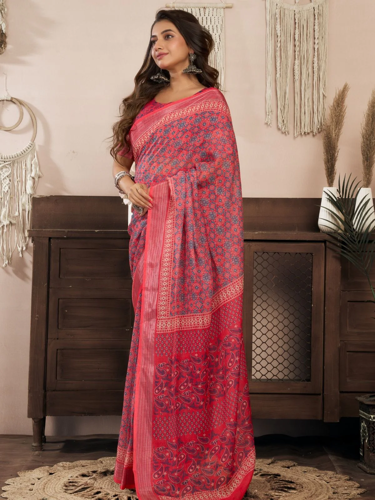 Odette Red Cotton Linen Zari Work Saree For Women - Image 2