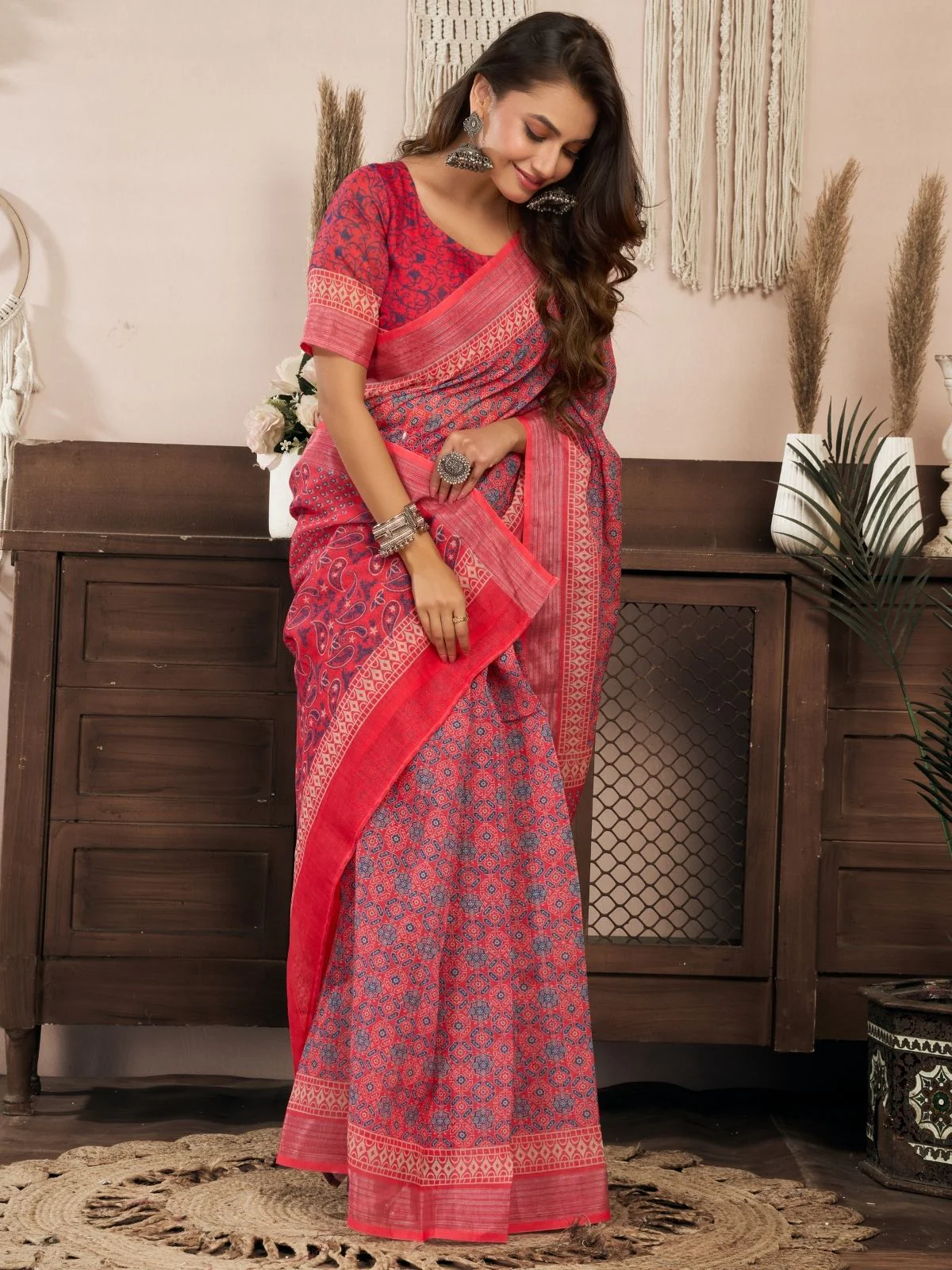 Odette Red Cotton Linen Zari Work Saree For Women - Image 3