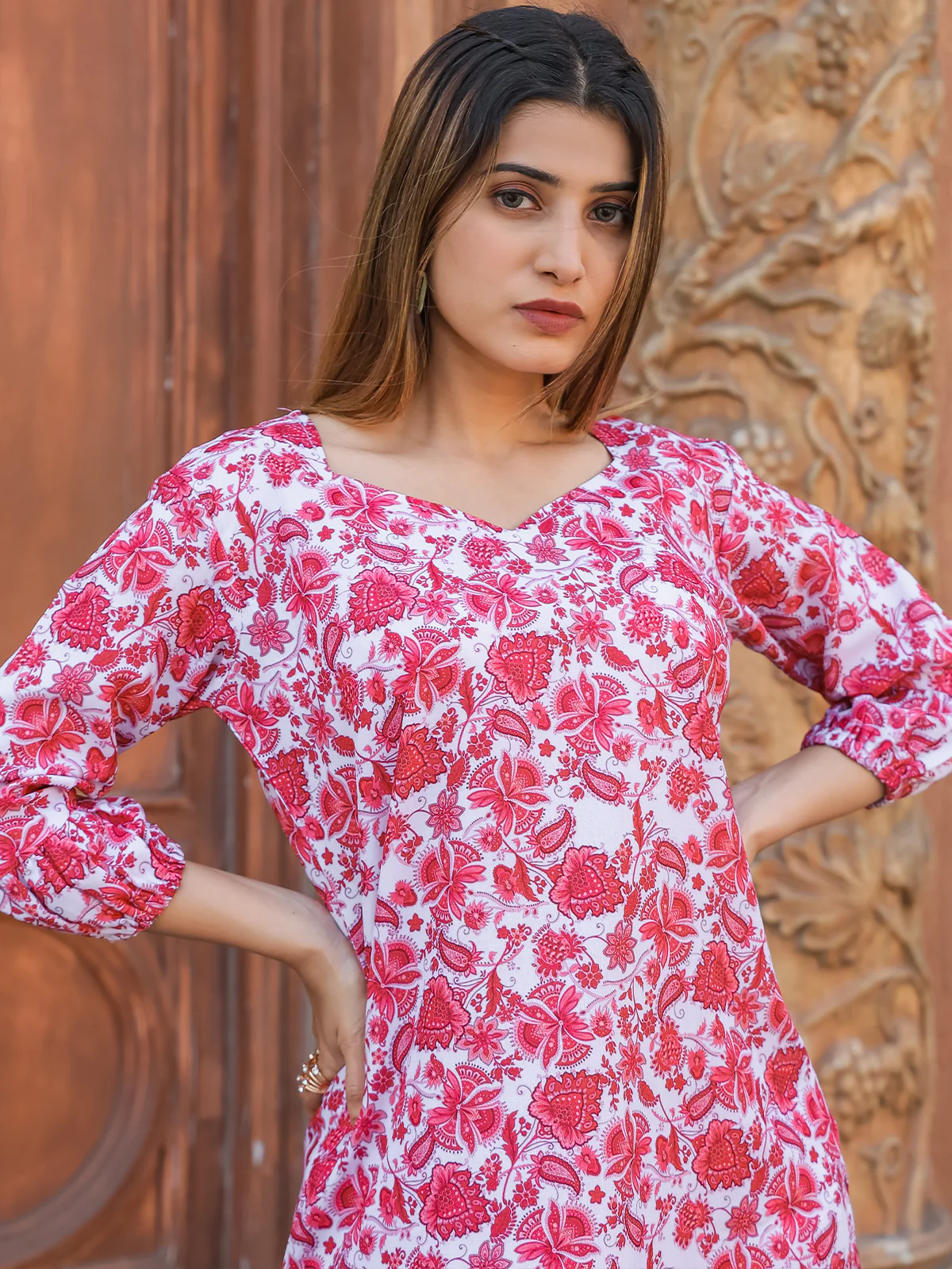 Odette Red Cotton Printed Stitched Co Ord Set for Women - Image 4