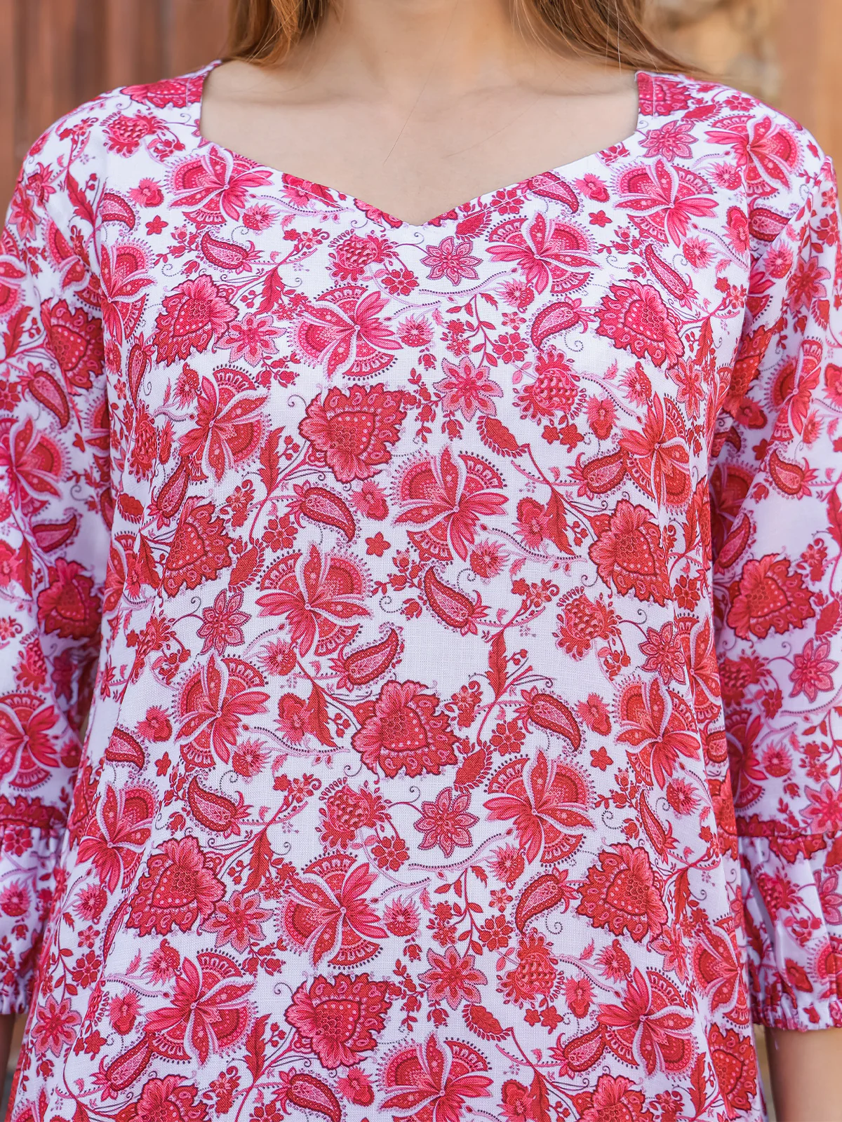 Odette Red Cotton Printed Stitched Co Ord Set for Women - Image 5