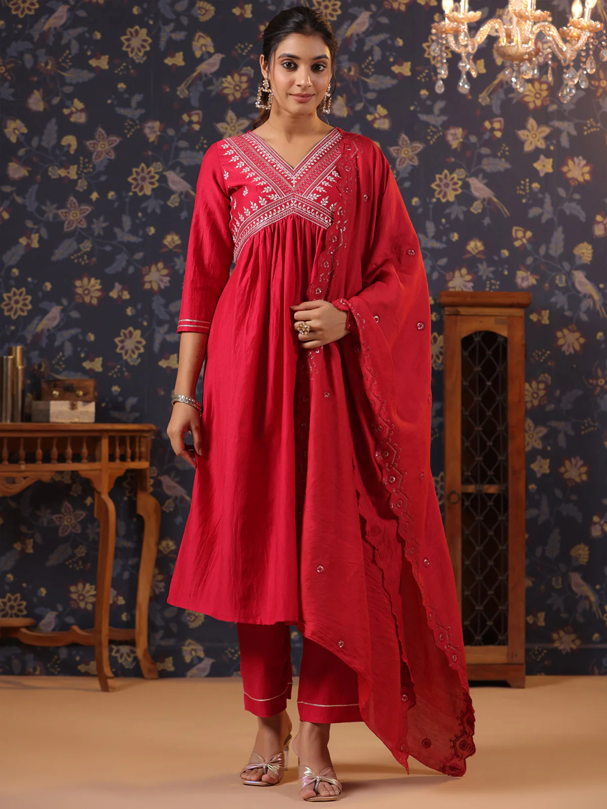 Odette Red Cotton Front Yoke Gathered Stitched Kurta Set For Women