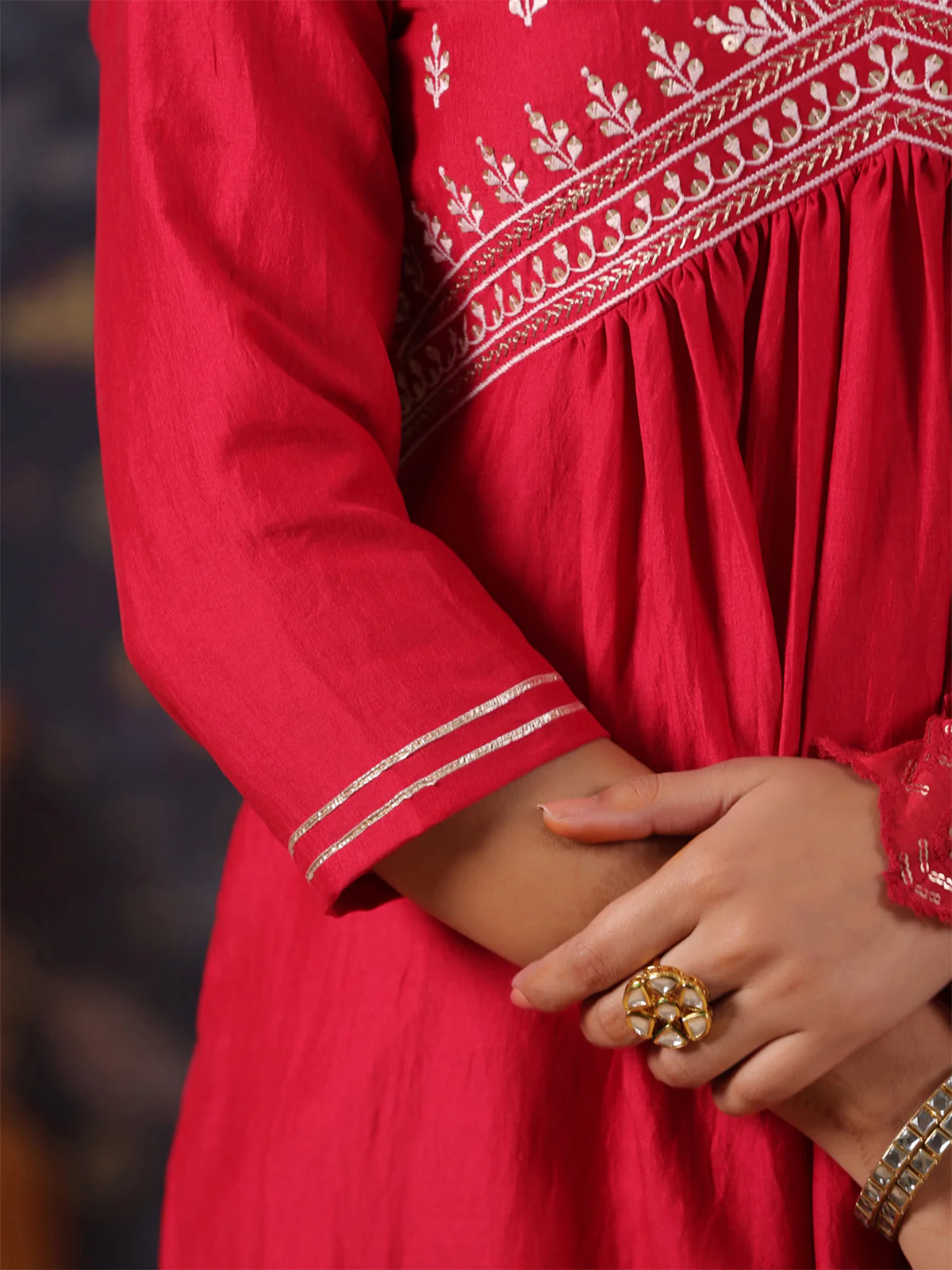 Odette Red Cotton Front Yoke Gathered Stitched Kurta Set For Women - Image 6