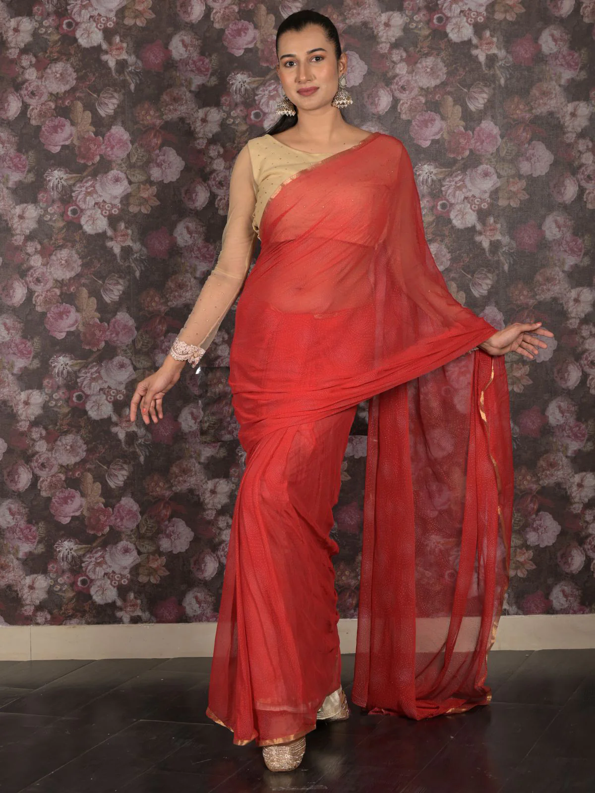 Odette Red Embellished Chiffon Saree Without Blouse For Women - Image 3