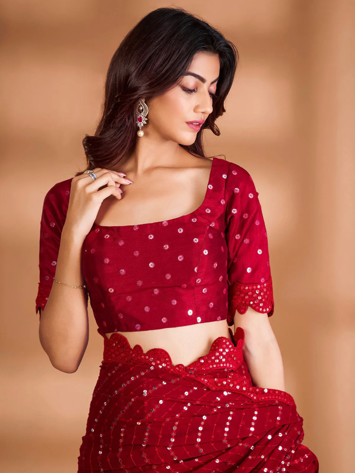 Odette Red Embellished Georgette Saree With Unstitched Blouse For Women - Image 5