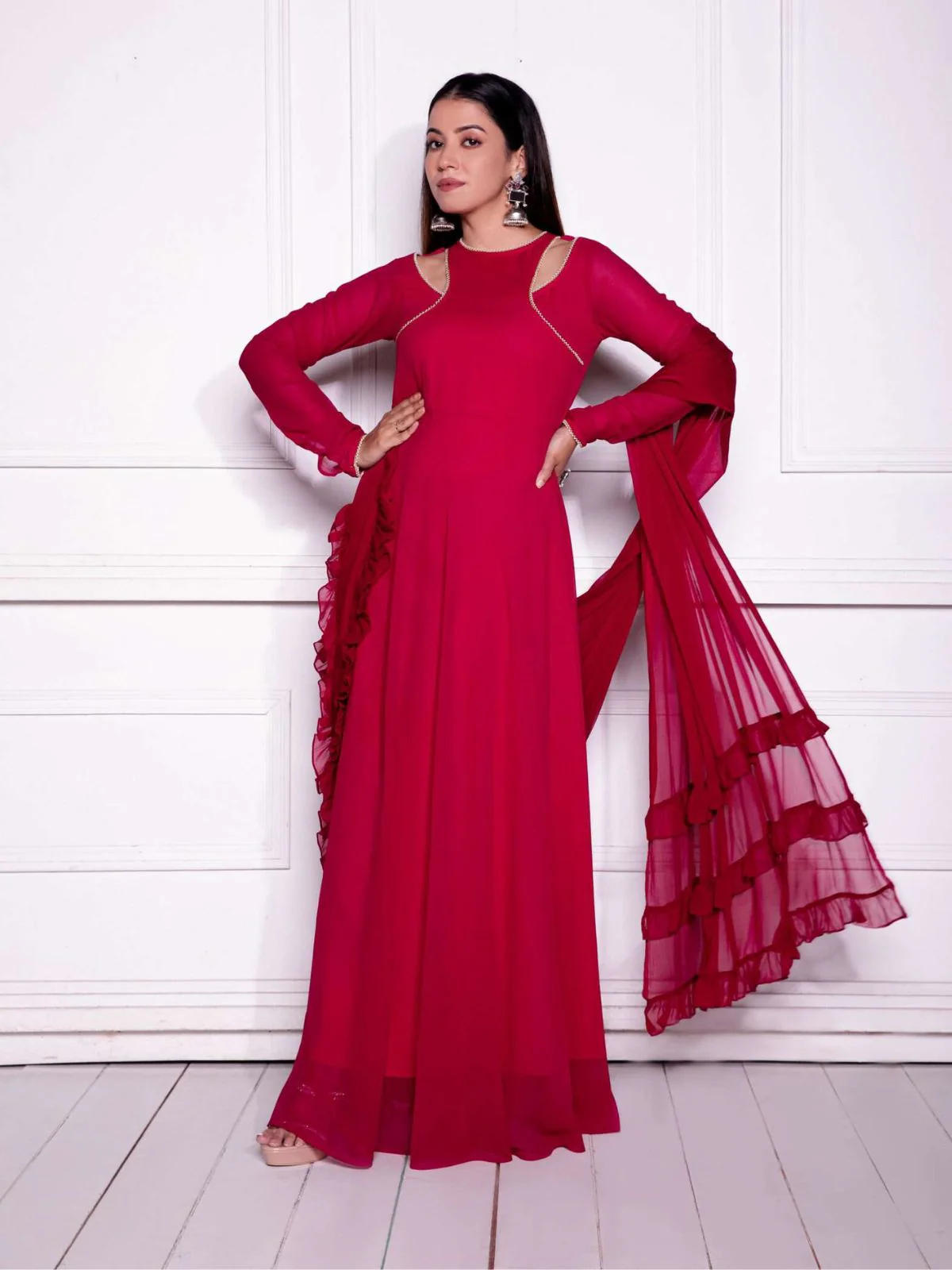 Odette Red Embellished Georgette Stitched Gown With Dupatta For Women - Image 3