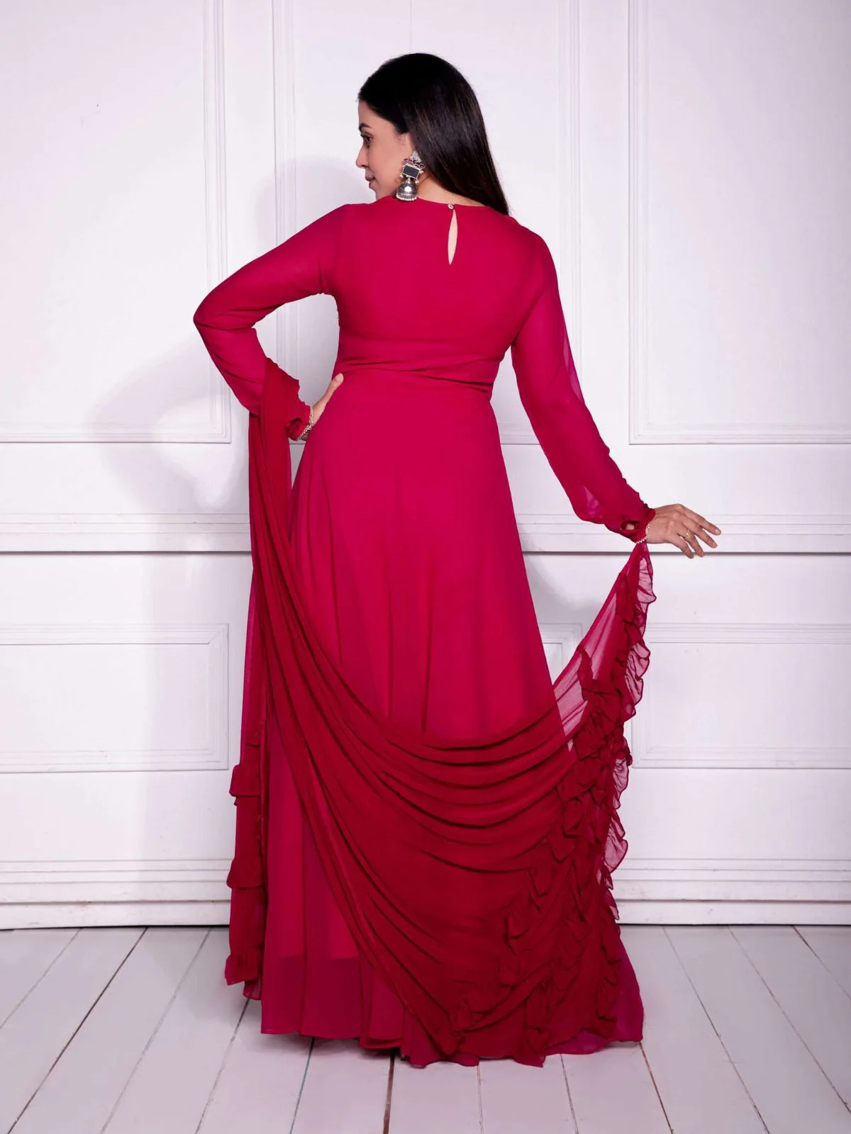 Odette Red Embellished Georgette Stitched Gown With Dupatta For Women - Image 4