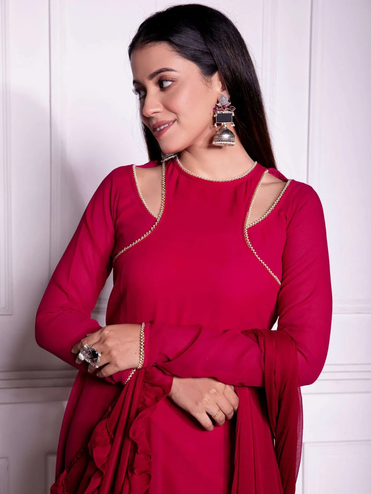 Odette Red Embellished Georgette Stitched Gown With Dupatta For Women - Image 5