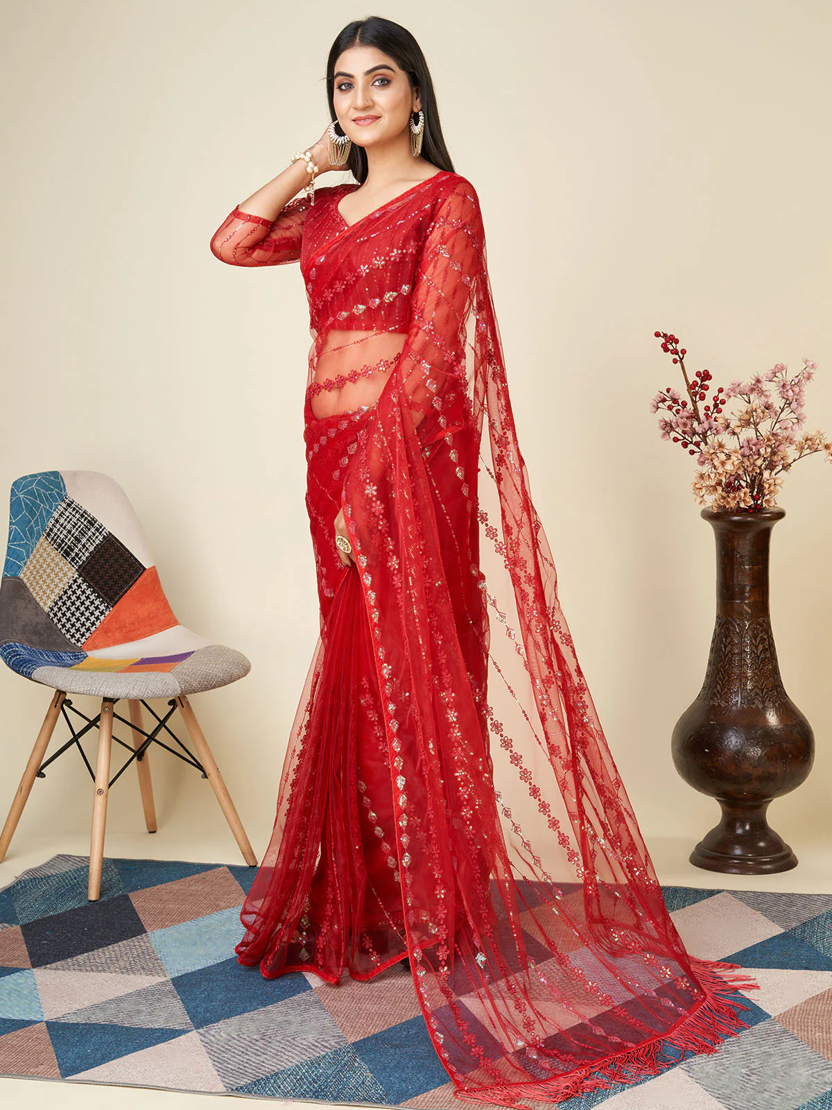 Odette Red Embellished Net Saree With unstitched Blouse For Women
