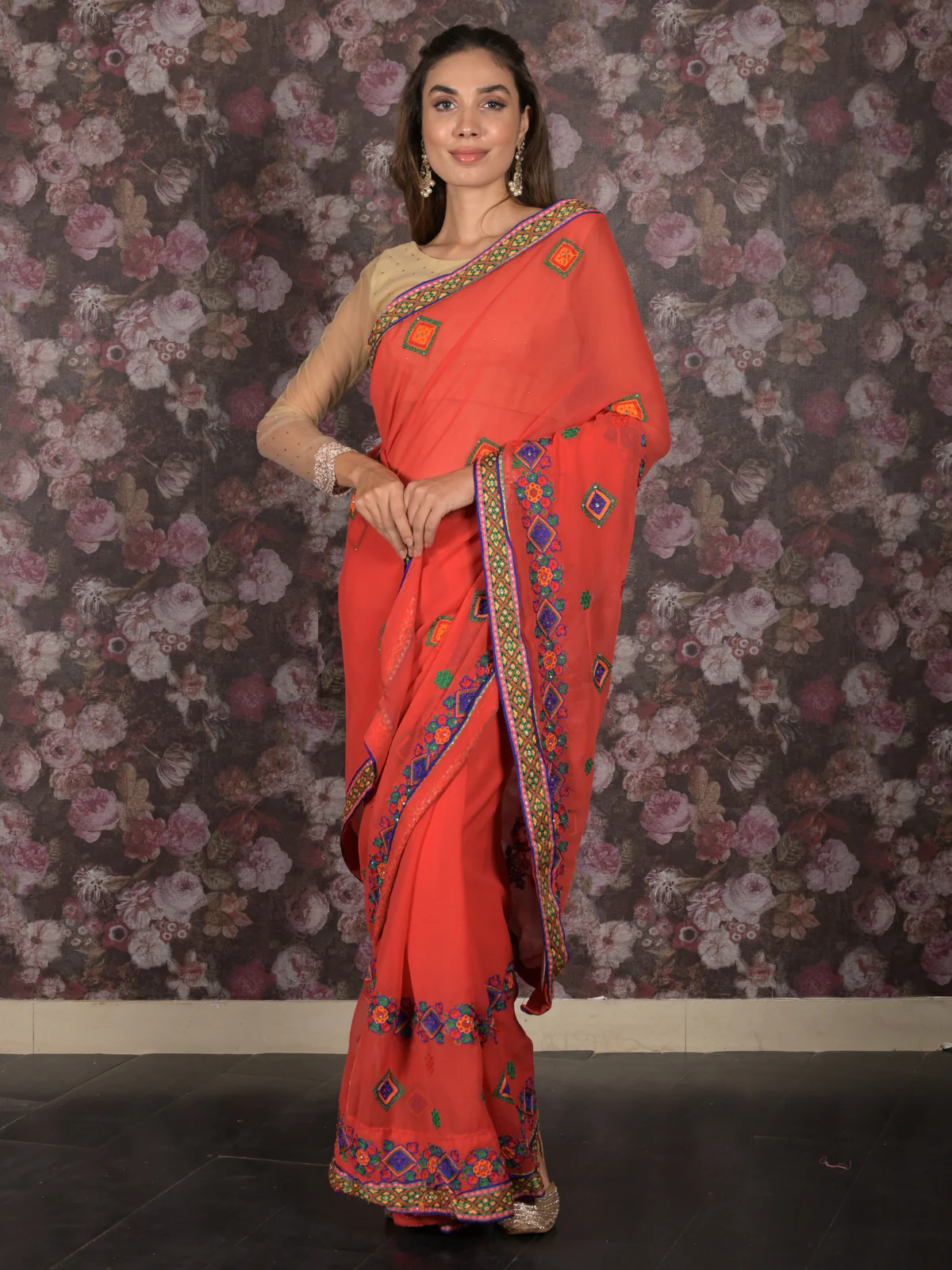 Odette Red Embroidered Chiffon Saree Without Blouse for Women