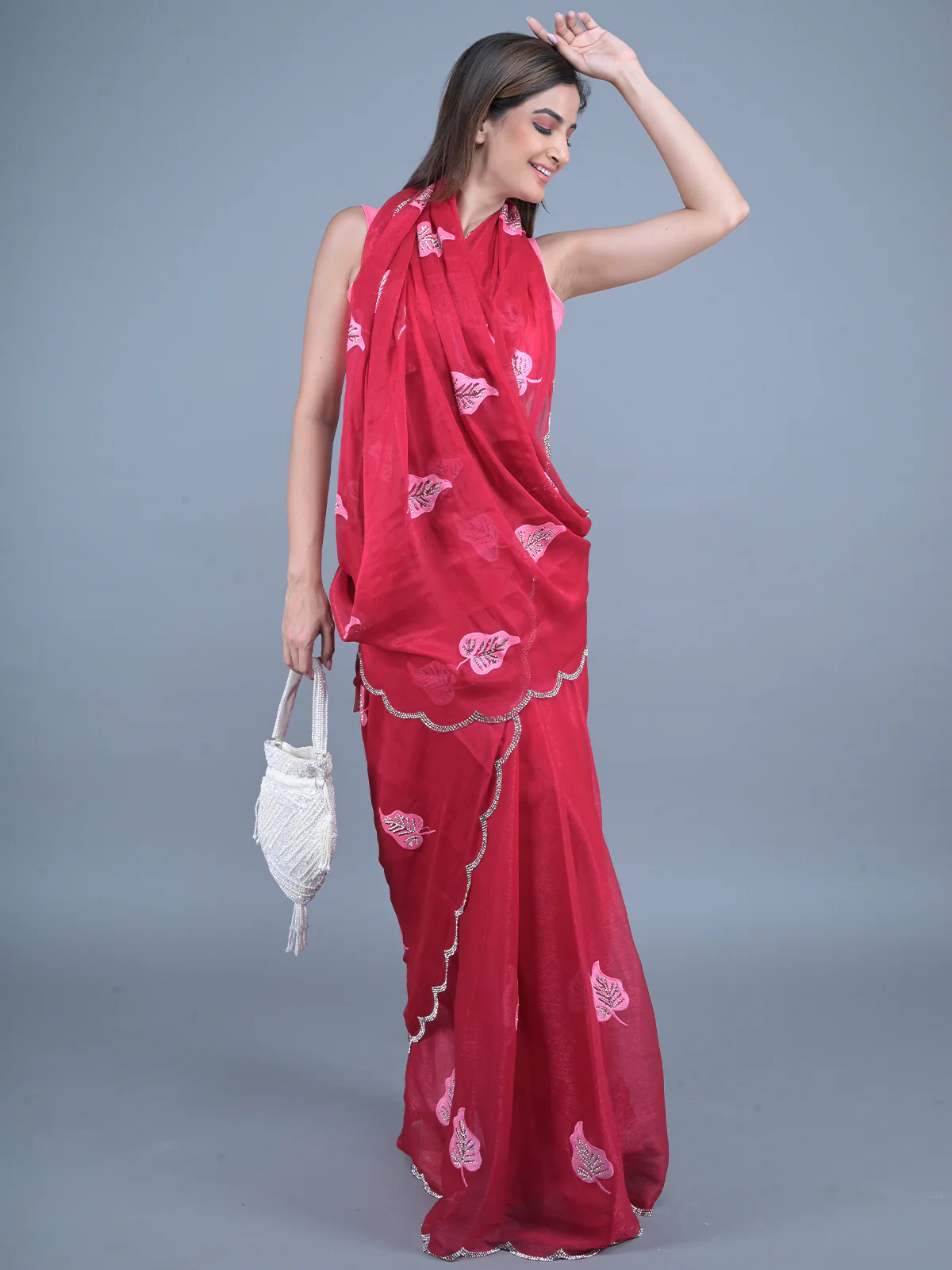 Odette Red Embroidered Chiffon Silk Saree with Unstitched Blouse for Women - Image 2