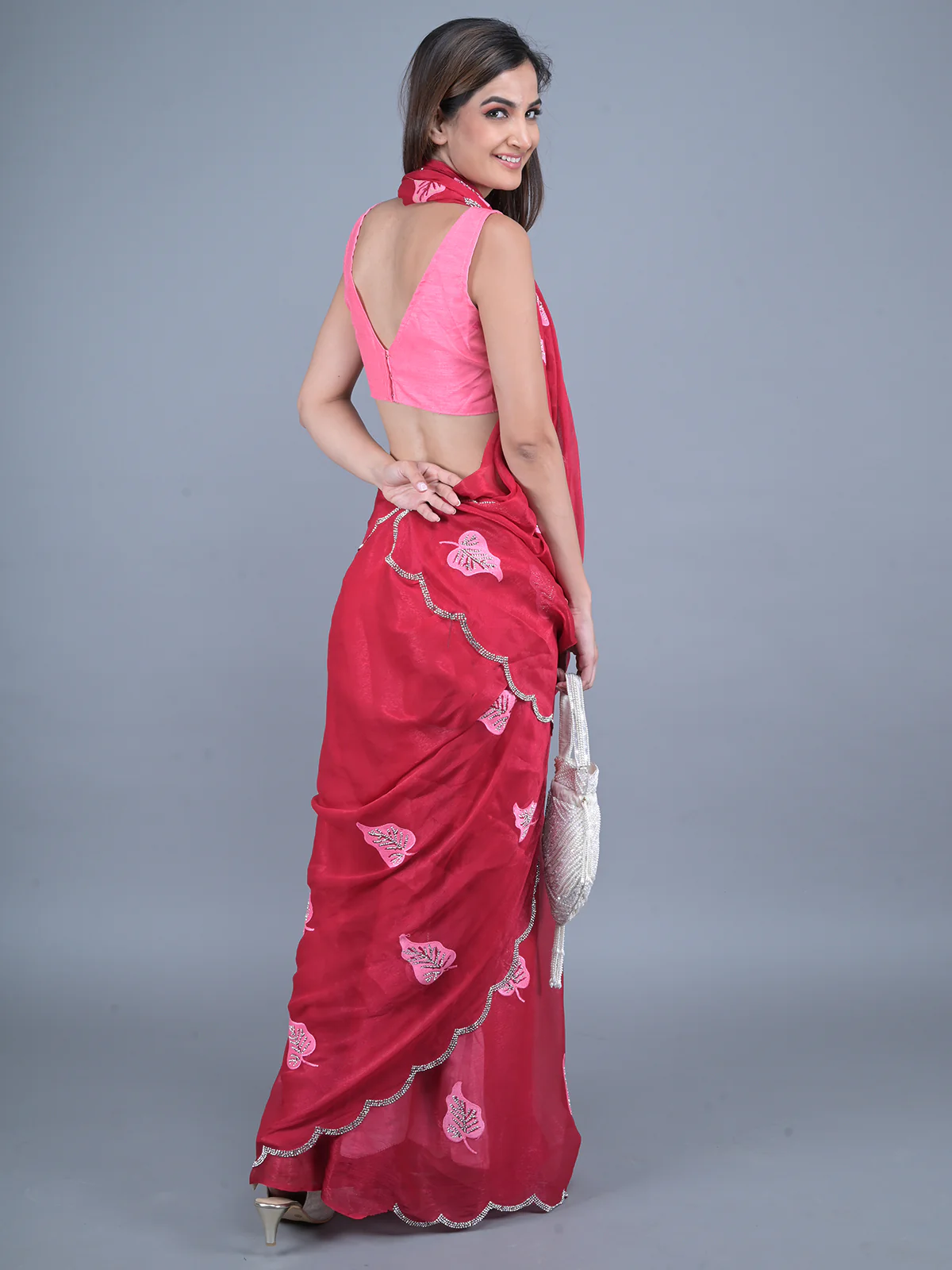 Odette Red Embroidered Chiffon Silk Saree with Unstitched Blouse for Women - Image 3