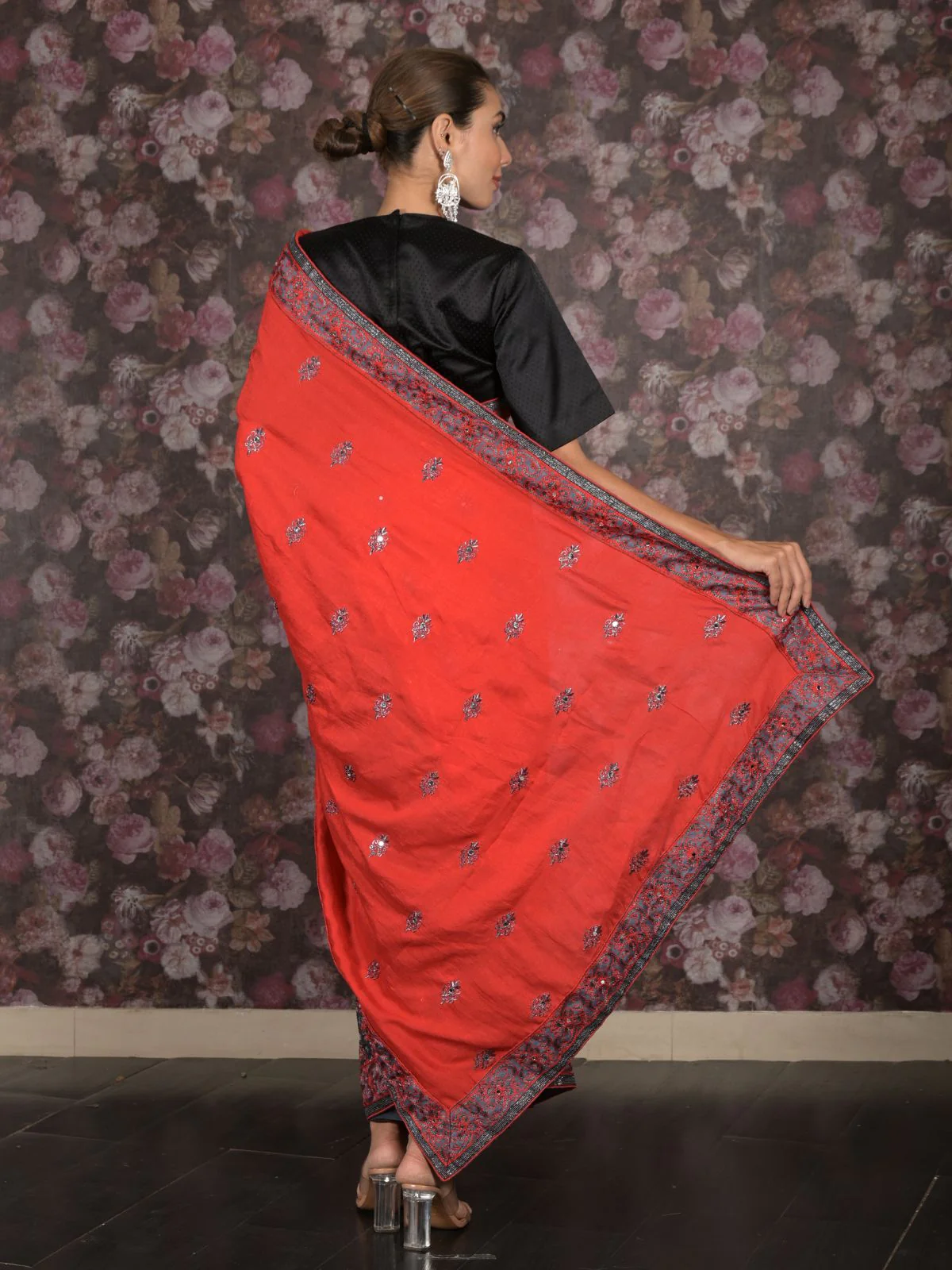 Odette Red Embroidered Crepe Silk Blend And Net Half-n-Half Saree Without Blouse For Women - Image 4