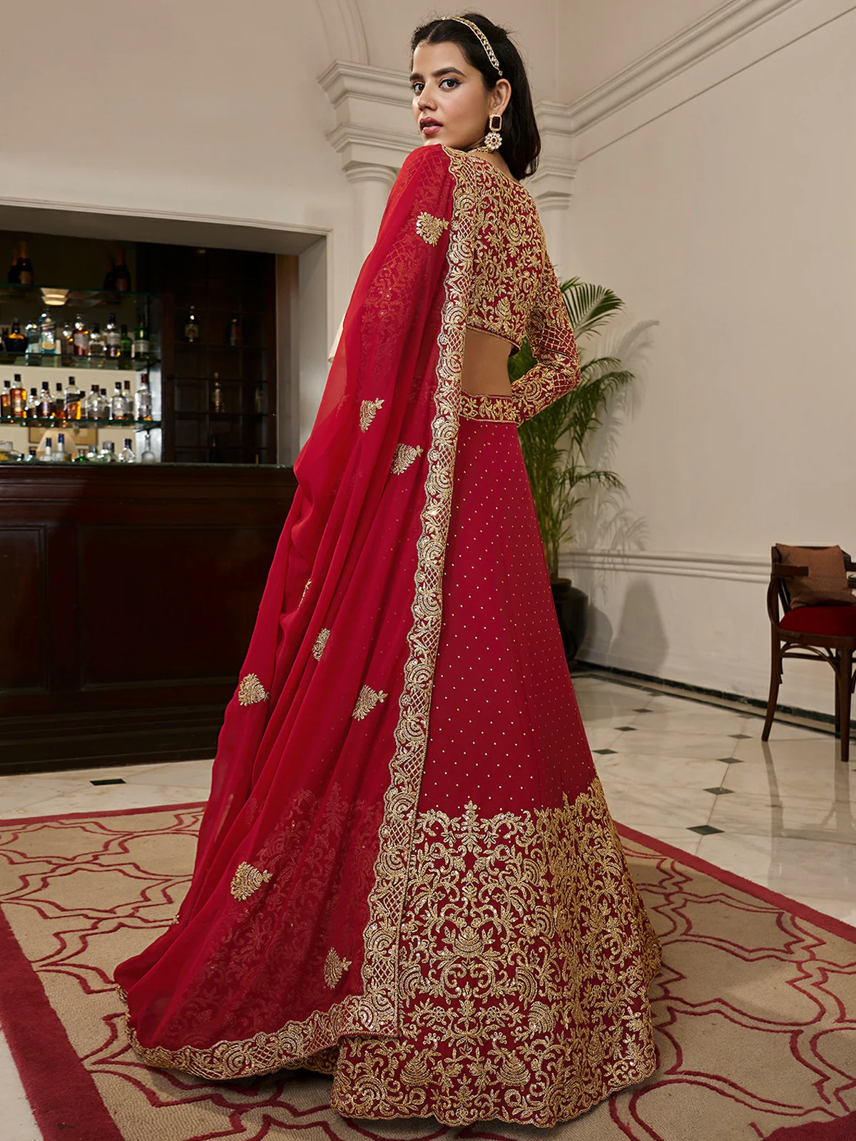 Odette Red Embroidered Georgette Semi Stitched Lehenga With Blouse For Women - Image 3