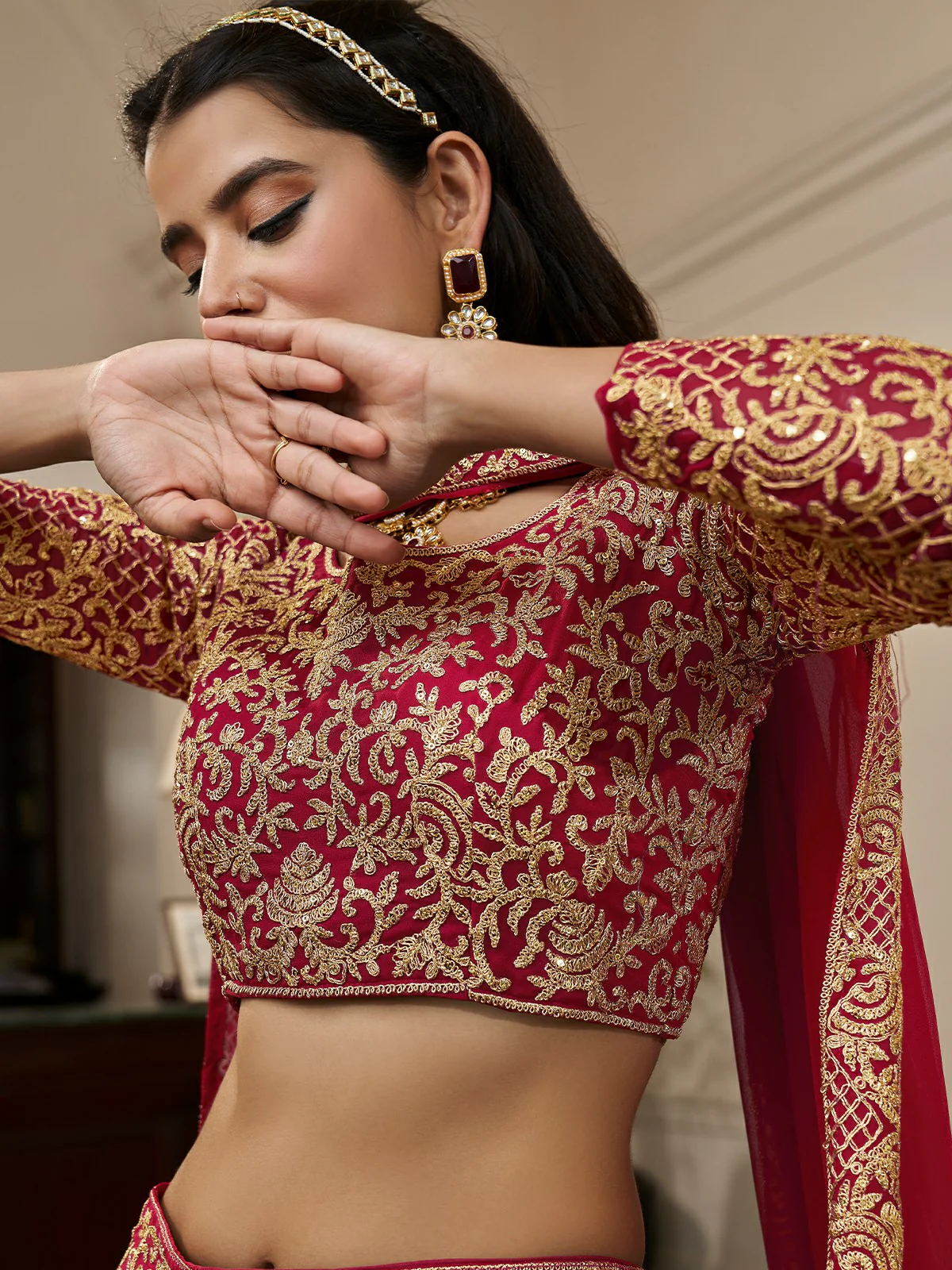 Odette Red Embroidered Georgette Semi Stitched Lehenga With Blouse For Women - Image 4