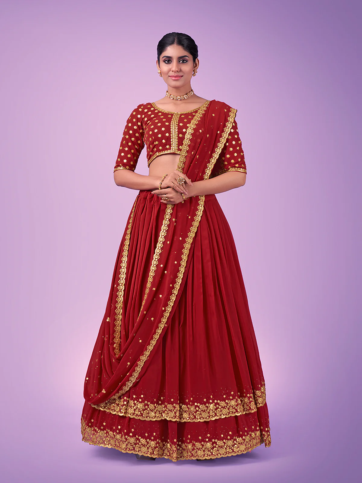 Odette Red Embroidered Georgette Semi Stitched Lehenga With Blouse For Women - Image 2