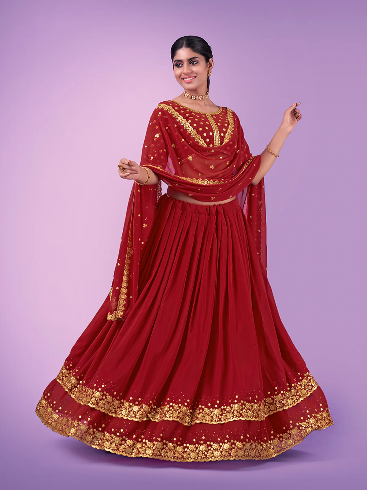 Odette Red Embroidered Georgette Semi Stitched Lehenga With Blouse For Women - Image 3