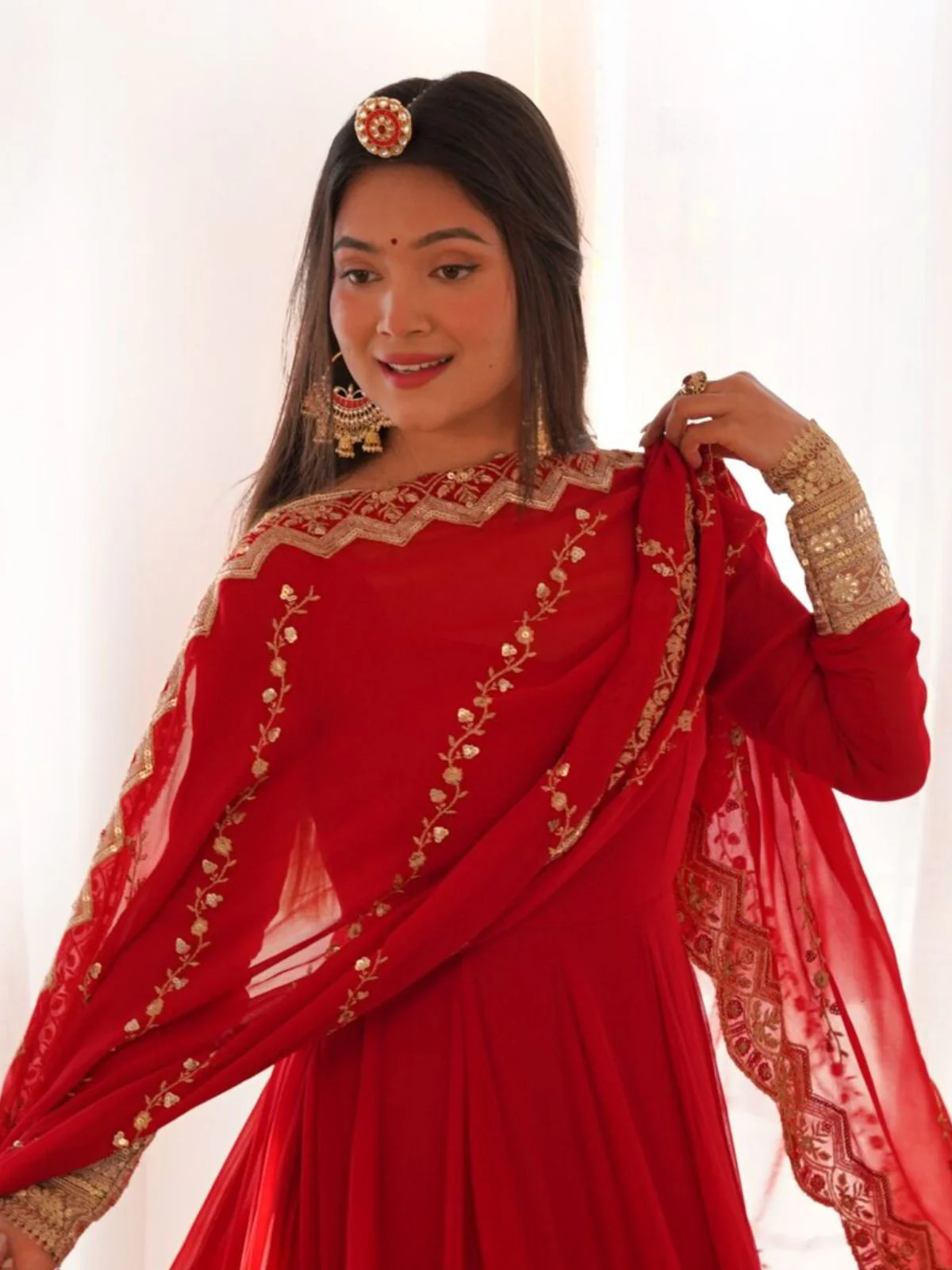 Odette Red Embroidered Georgette Stitched Gown With Dupatta For Women - Image 4