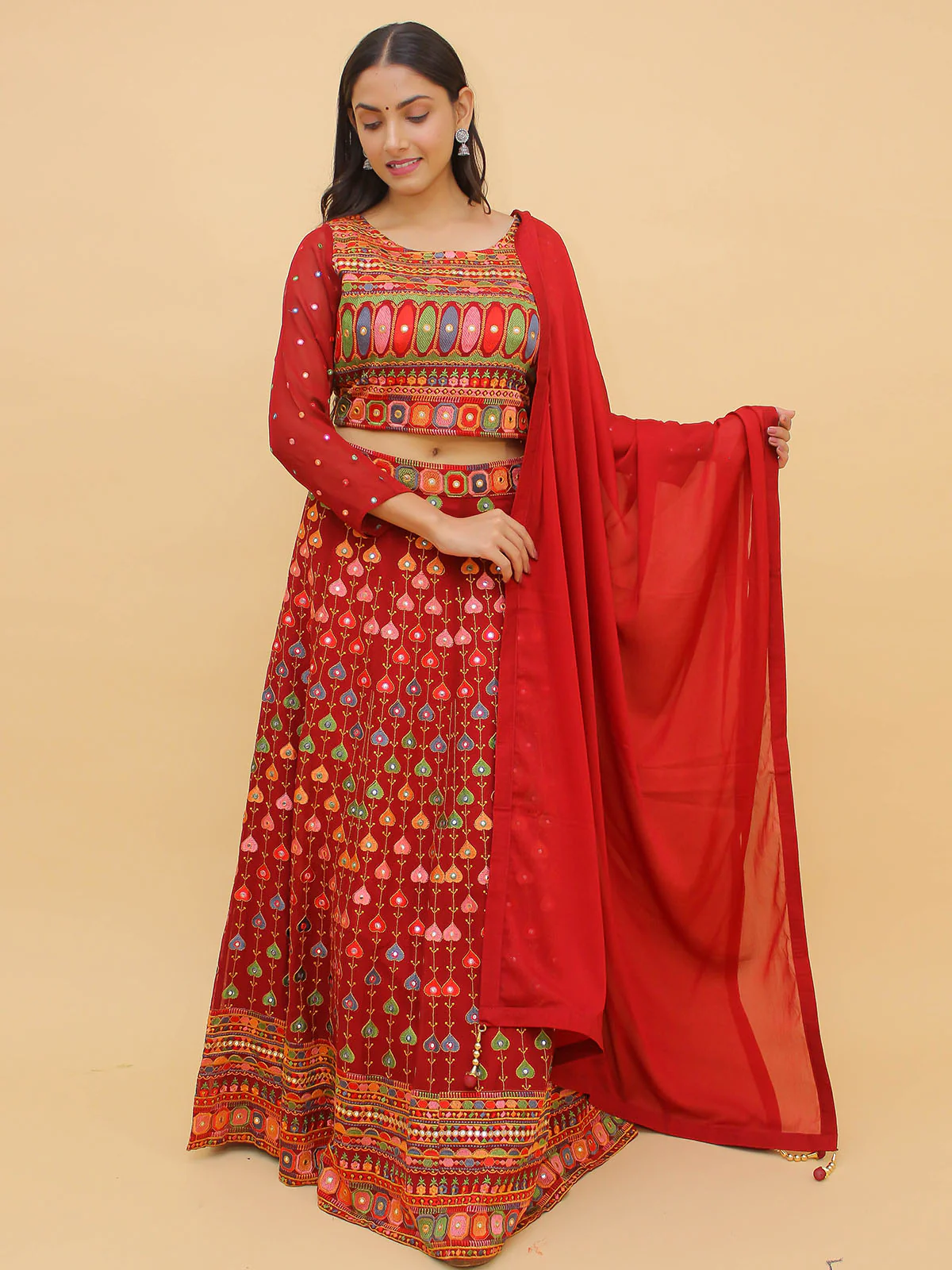Odette Red Embroidered Georgette Stitched Lehenga With Blouse For Women - Image 2