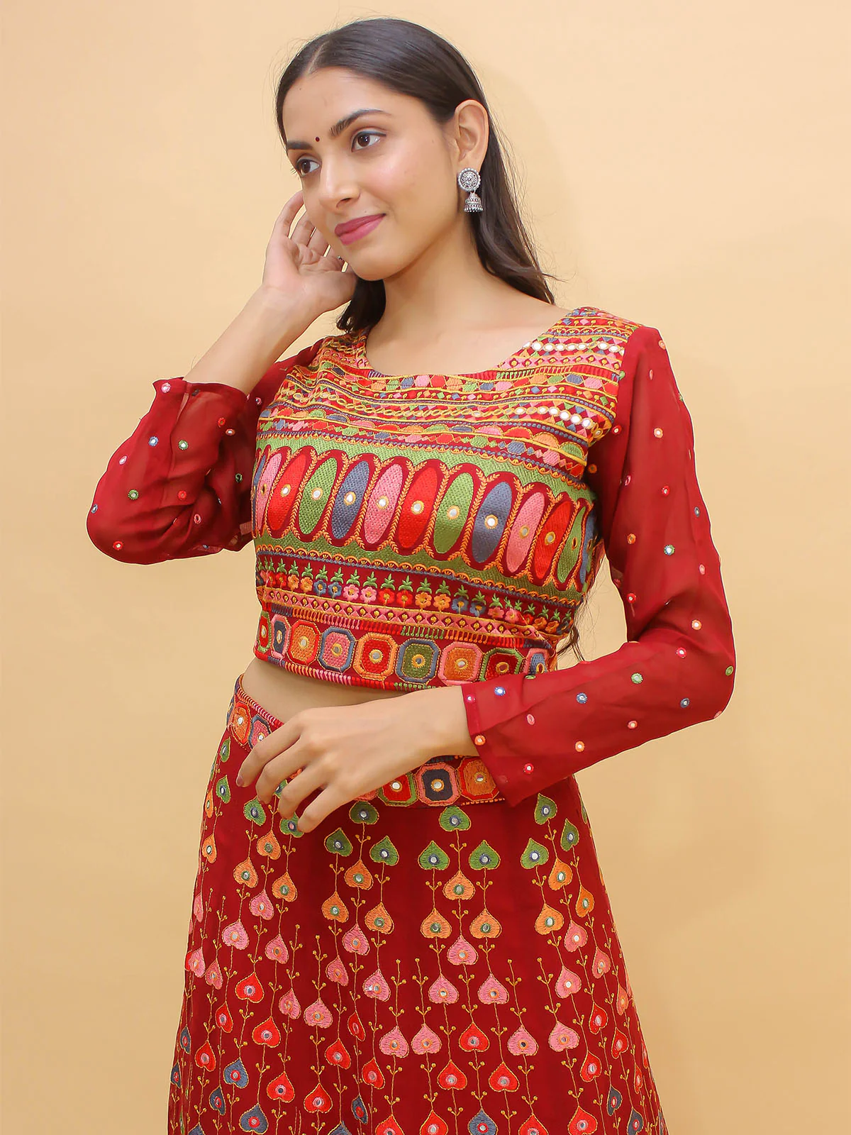 Odette Red Embroidered Georgette Stitched Lehenga With Blouse For Women - Image 4