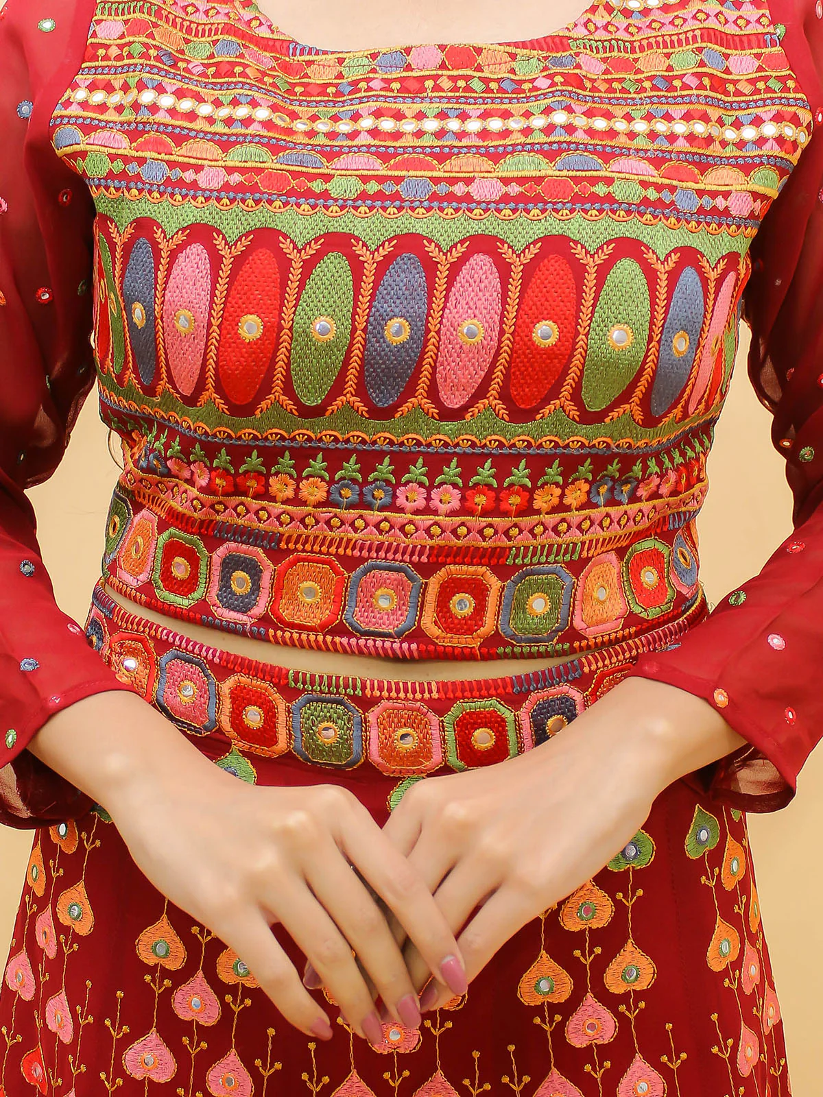 Odette Red Embroidered Georgette Stitched Lehenga With Blouse For Women - Image 5