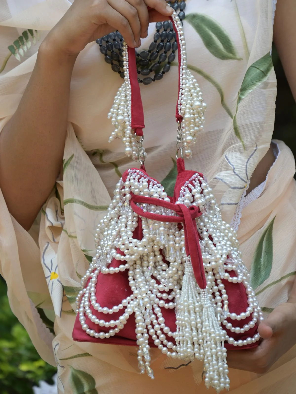Odette Red Embroidered Potli Bag For Women - Image 2