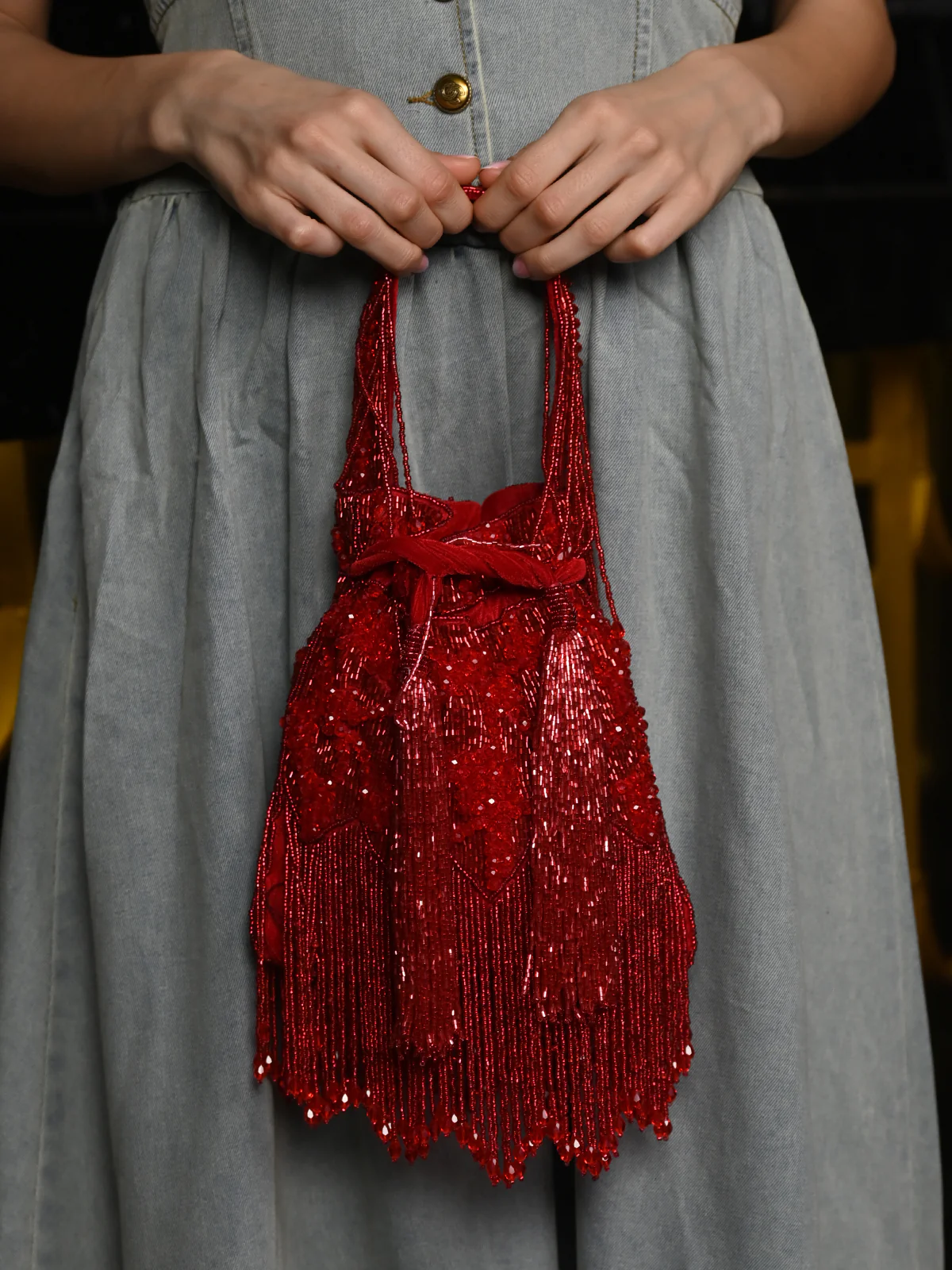 Odette Red Embroidered Potli Bag with Tassels For Women - Image 2
