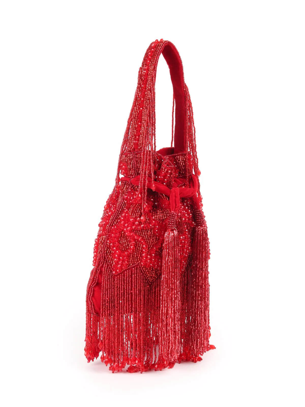 Odette Red Embroidered Potli Bag with Tassels For Women - Image 4
