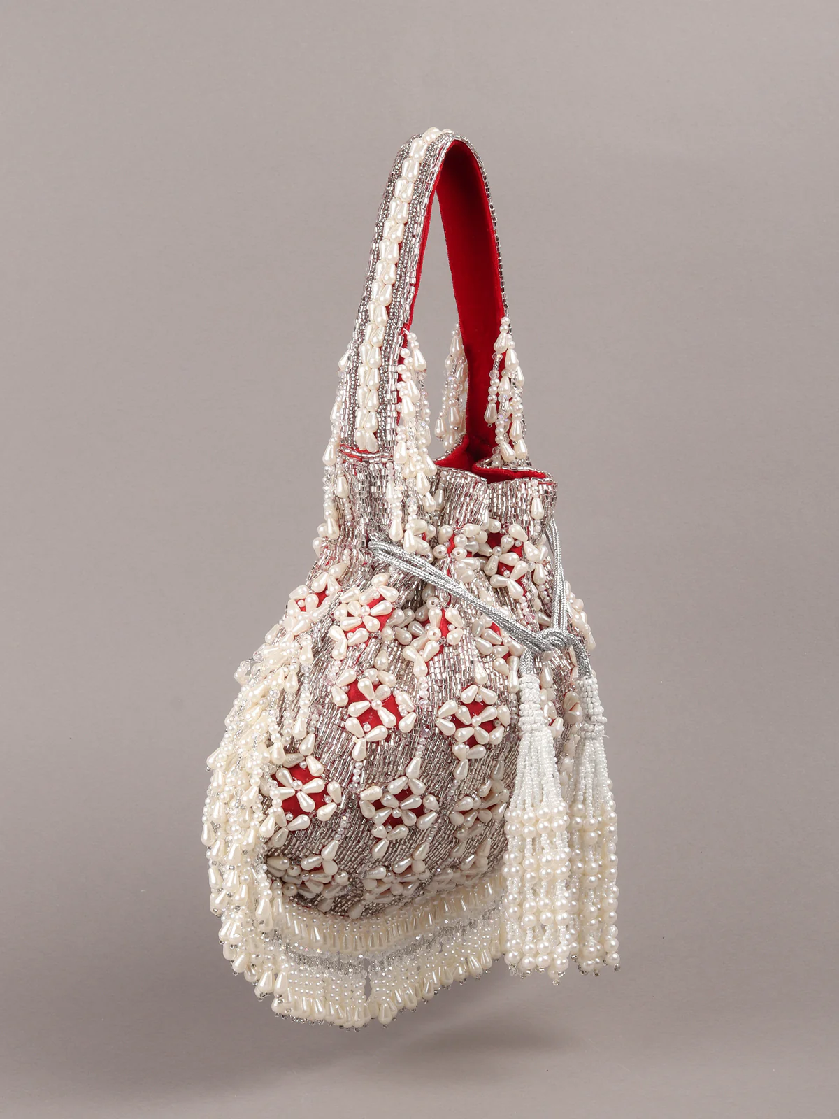 Odette Red Embroidered Potli Bag with Tassels For Women - Image 4