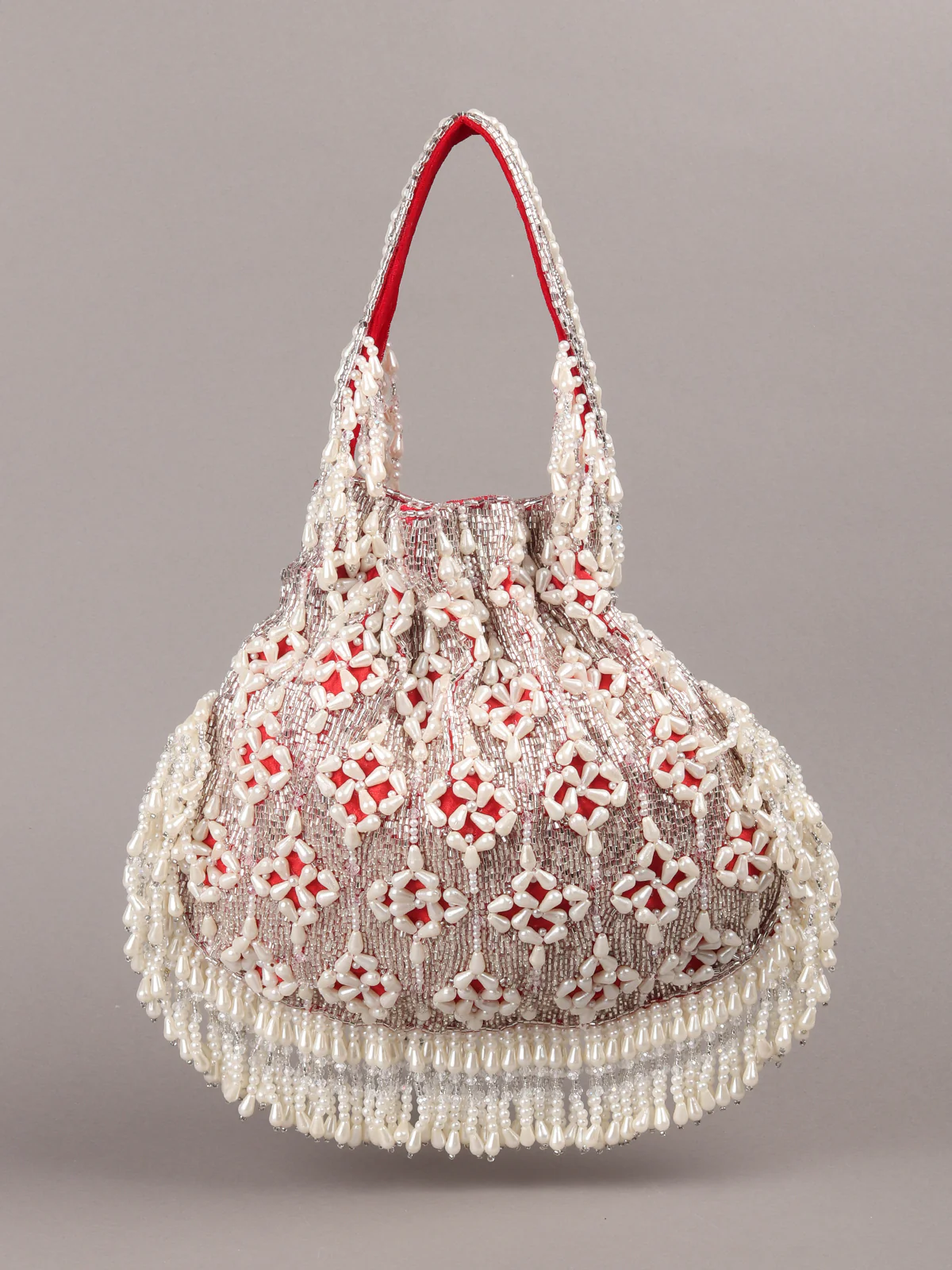 Odette Red Embroidered Potli Bag with Tassels For Women - Image 5