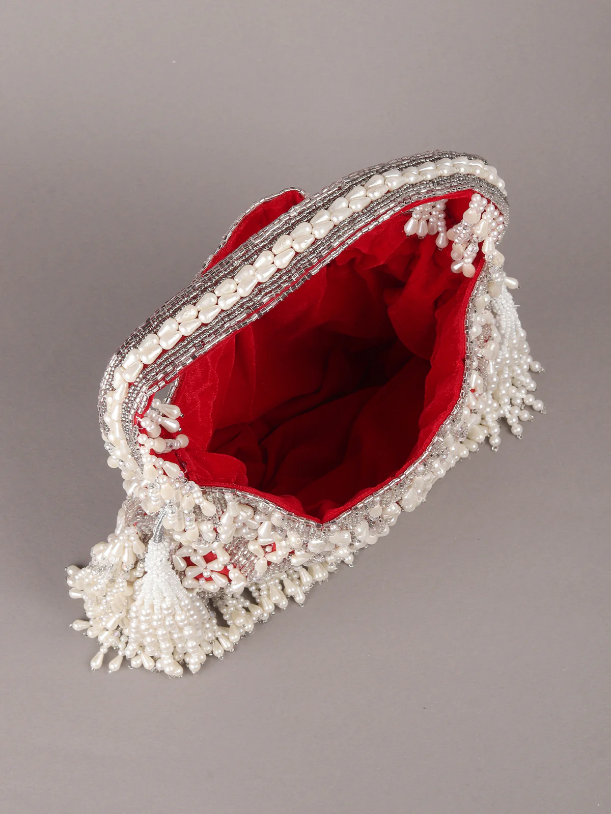 Odette Red Embroidered Potli Bag with Tassels For Women - Image 6