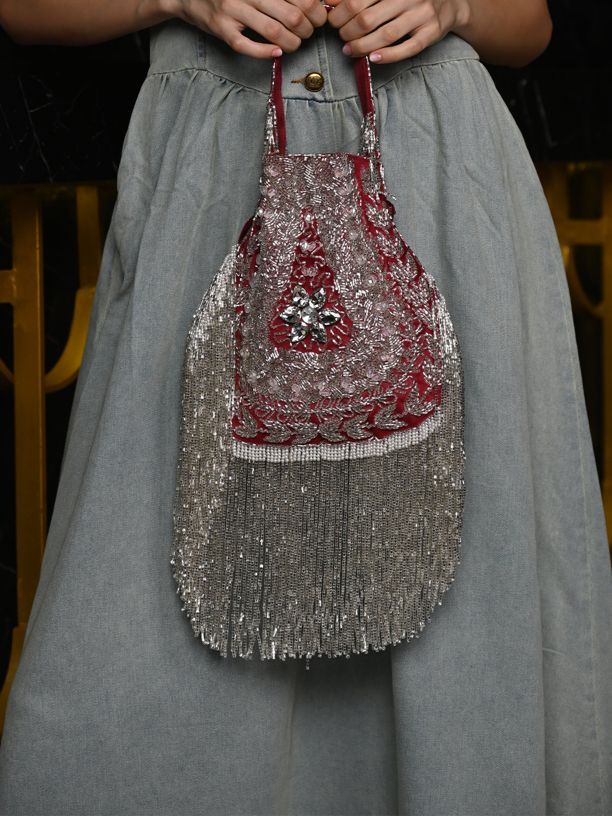 Odette Red Embroidered Potli Bag with Tassels For Women - Image 2