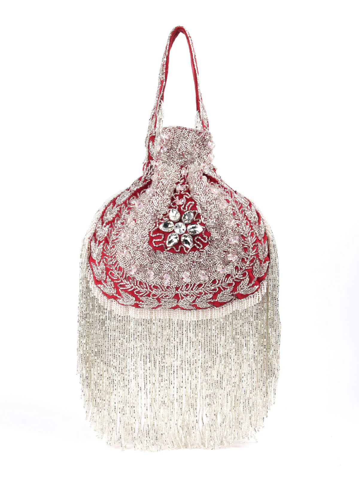 Odette Red Embroidered Potli Bag with Tassels For Women - Image 5