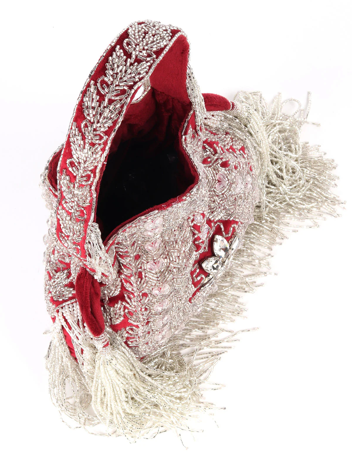 Odette Red Embroidered Potli Bag with Tassels For Women - Image 6