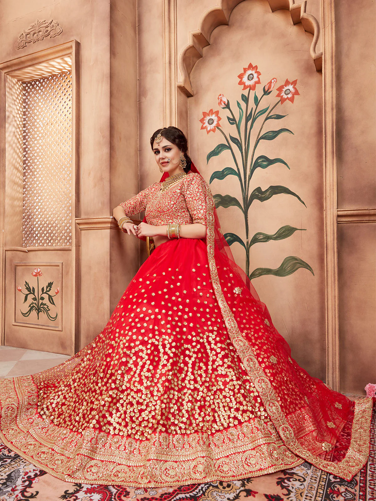Odette Red Embroidered Soft Net Semi Stitched Lehenga With Blouse For Women - Image 4