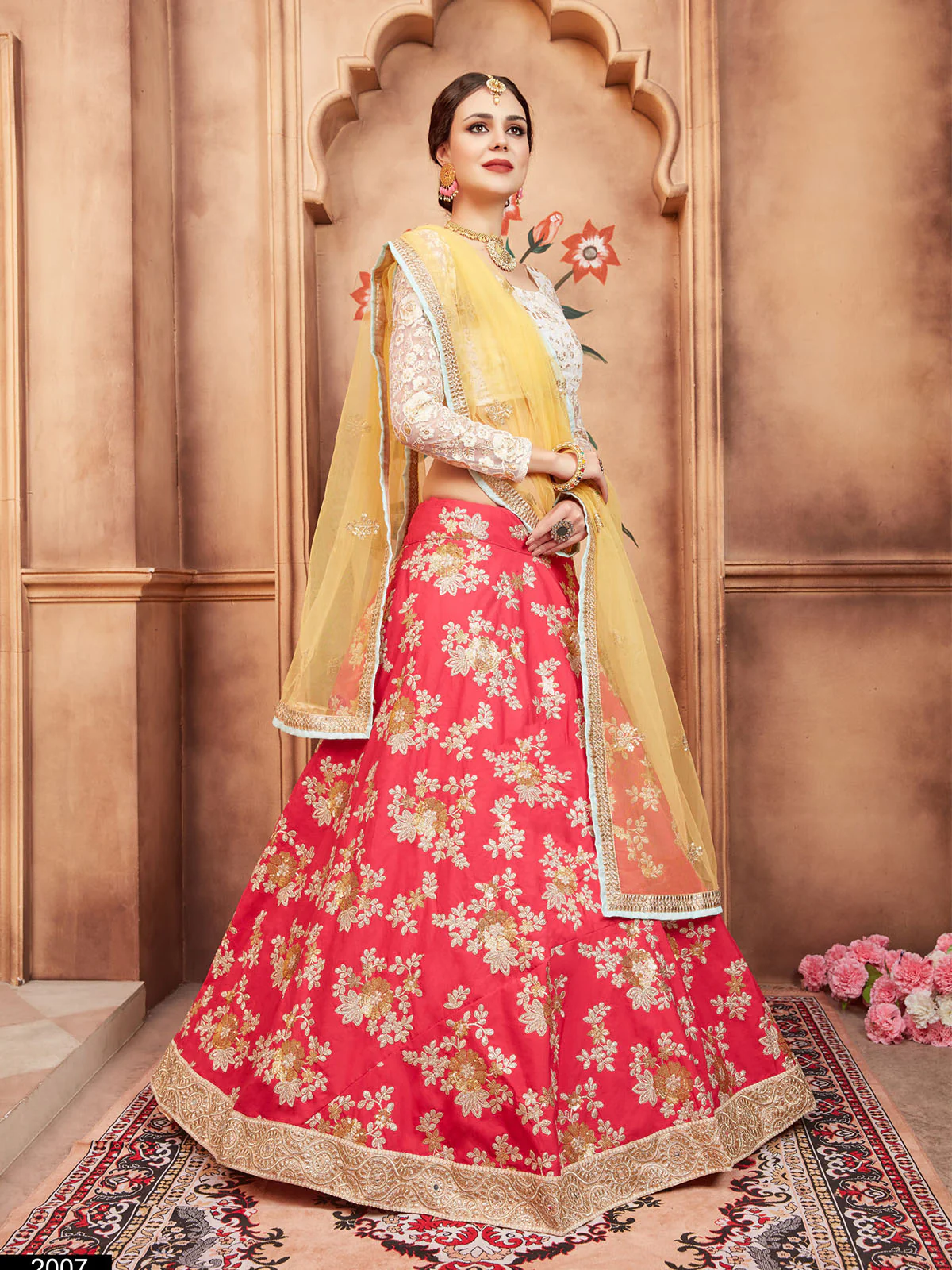 Odette Red Embroidered Silk Blend Semi Stitched Lehenga With Blouse For Women - Image 2