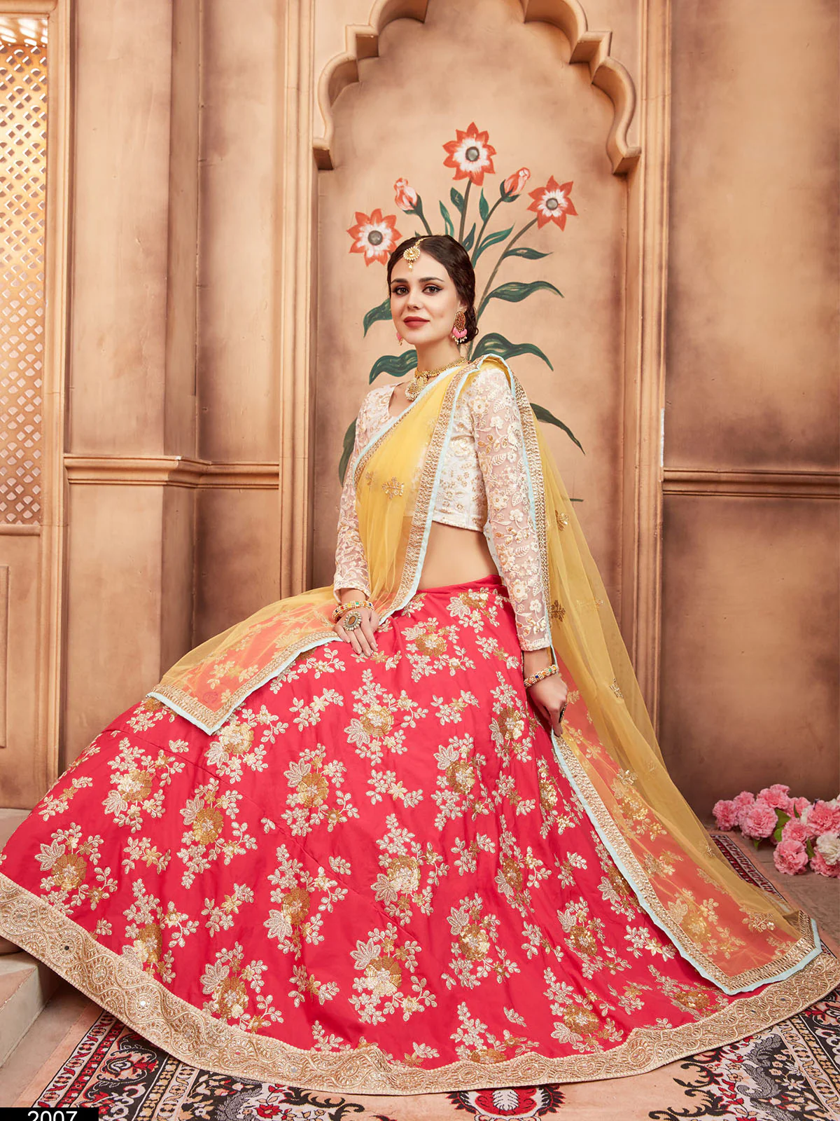 Odette Red Embroidered Silk Blend Semi Stitched Lehenga With Blouse For Women - Image 3